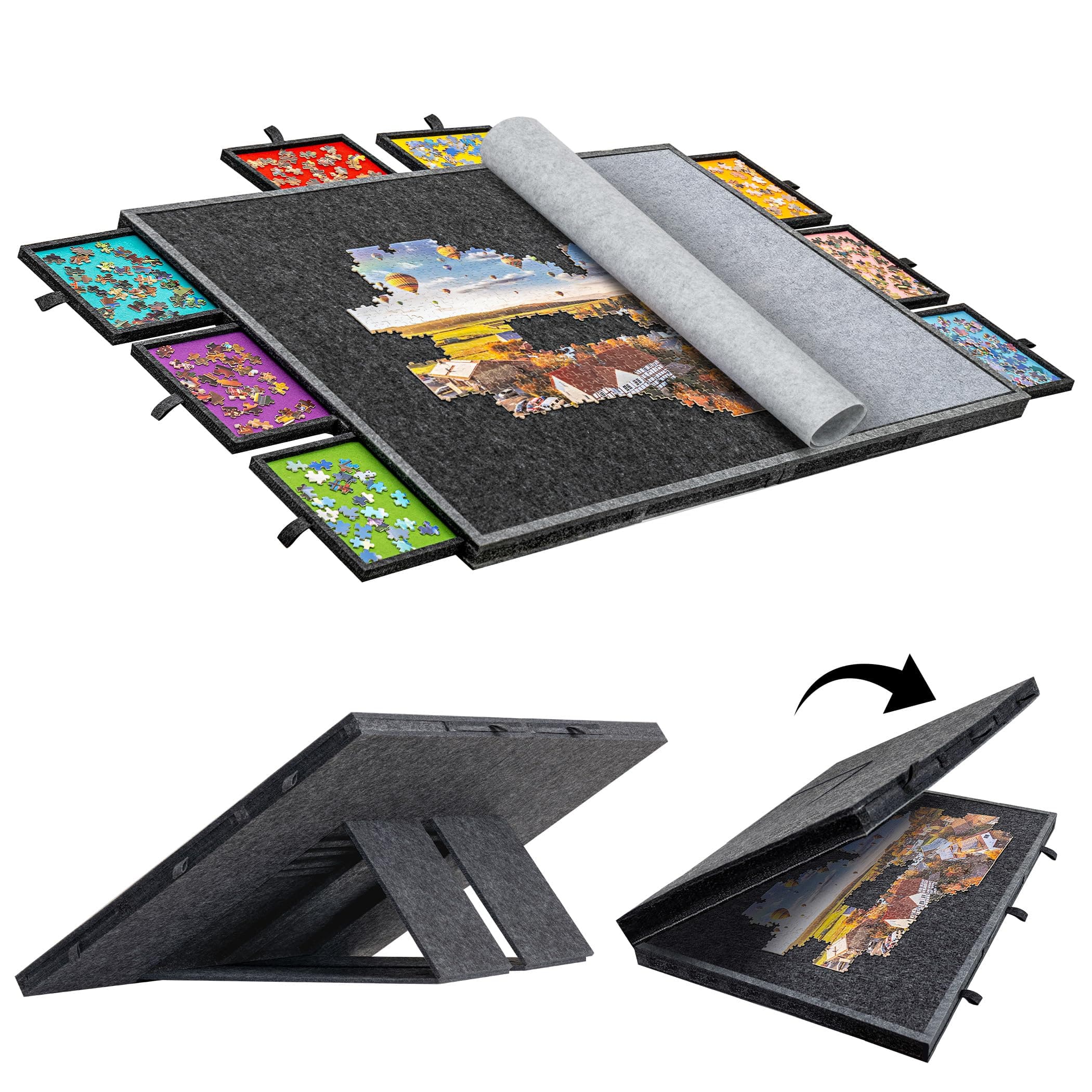 Becko US 2000-pc Foldable & Tilting Jigsaw Puzzle Board with 8 Drawers & Cover, Lightweight & Portable Felt Puzzle Table with Built-in Stands for Angle Adjustments, for 1000 1500 2000 Pieces Puzzles