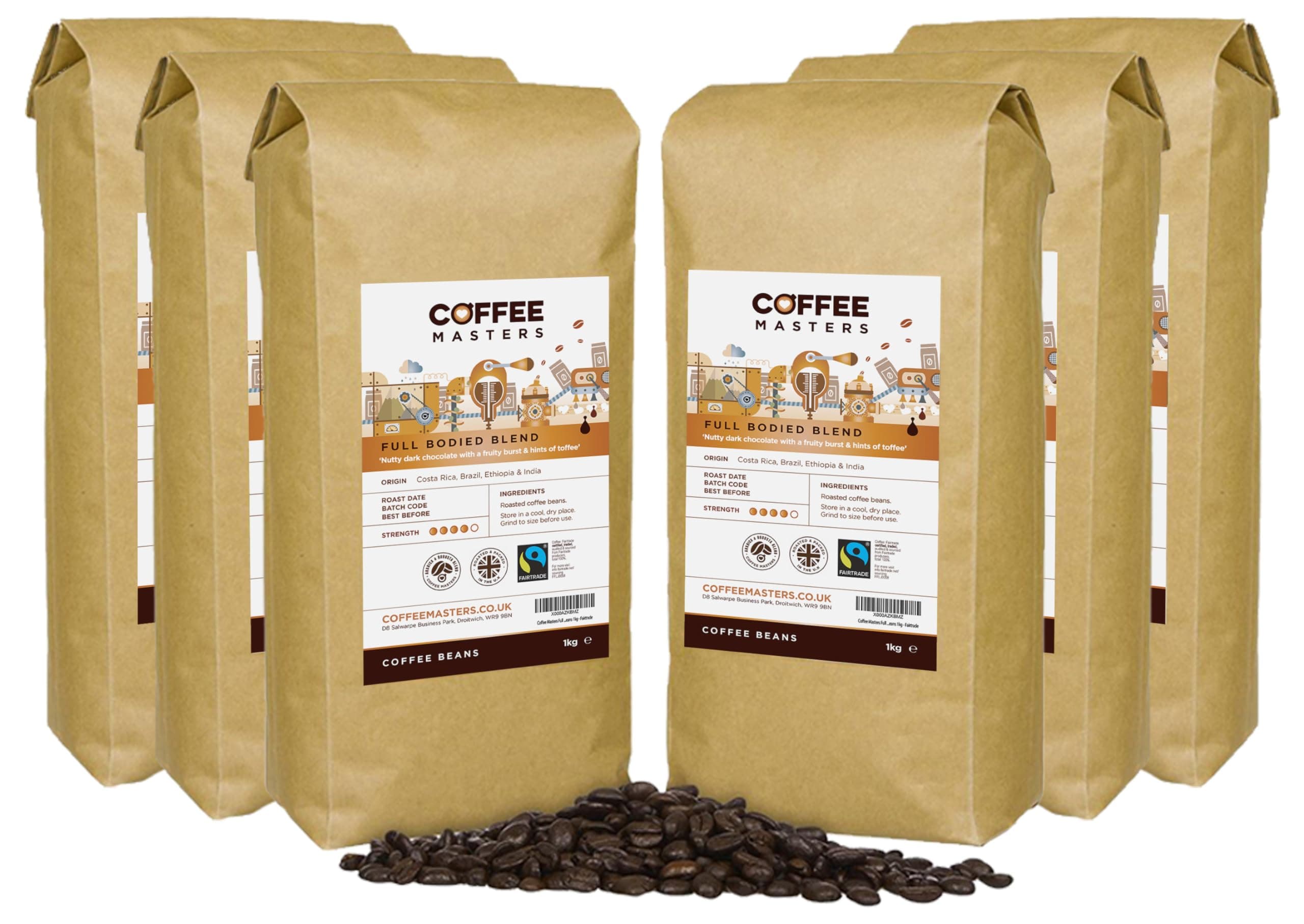 Coffee Masters Full Bodied Espresso Coffee Beans 6x1kg - Medium Dark Roast Arabica Bean Blend, Perfect for Barista Machines - Fairtrade Certified
