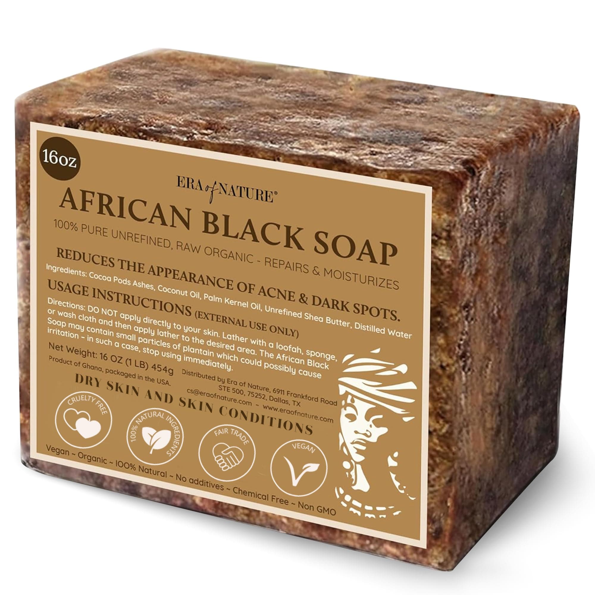 era of nature Best Raw ORGANIC AFRICAN NATURAL BLACK SOAP, for Acne Treatment, Eczema, Dry Skin, Psoriasis and Scars. 100% Pure & Natural, Imported From Ghana - 1lb (16oz)