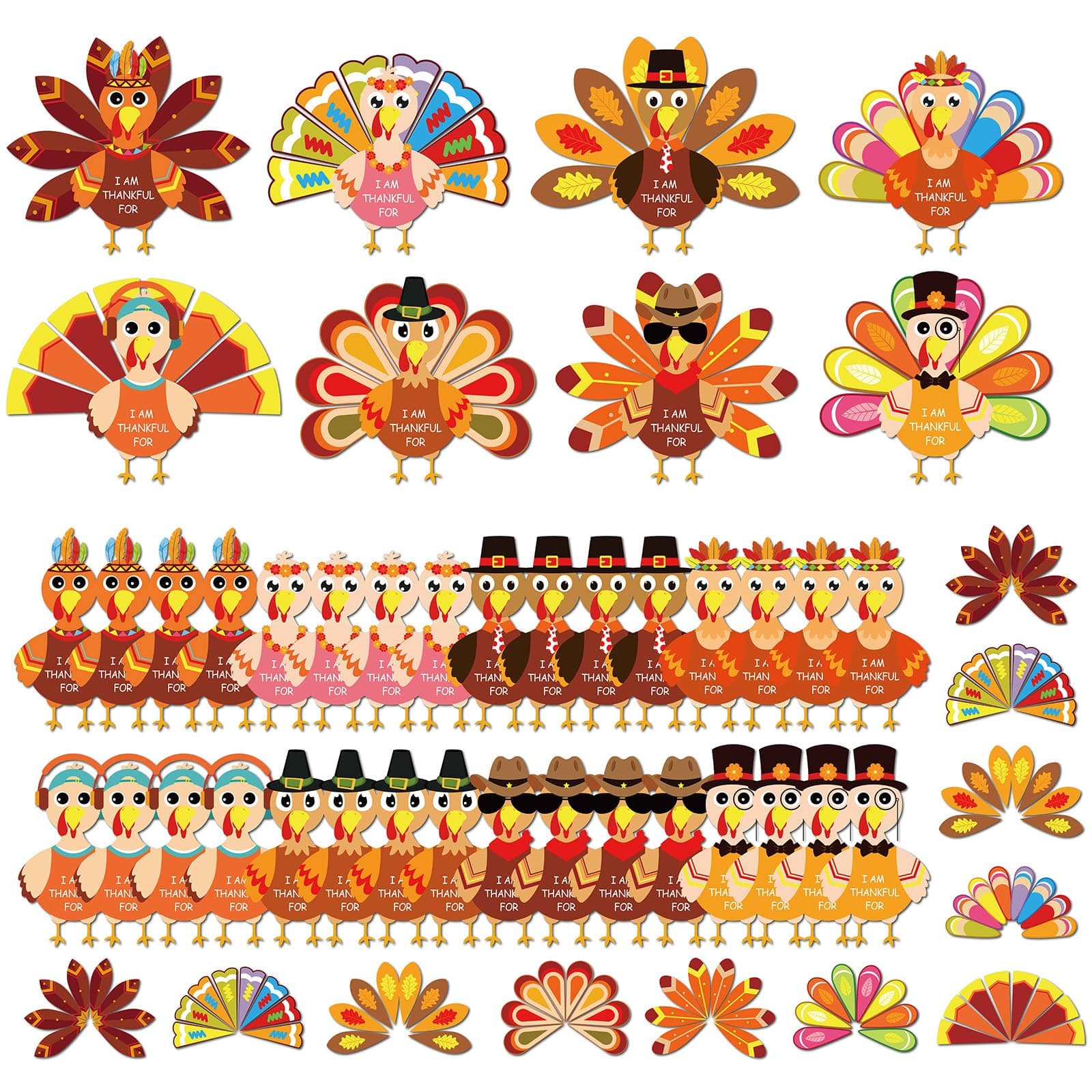 Whaline 24 Sets 216 Pieces Thanksgiving Turkey Craft Kit Fall Make A Turkey DIY Art Craft Kit with Glue Points Cute Door Hanging Ornaments for Autumn Holiday Home Classroom Party Decor, 8 Styles