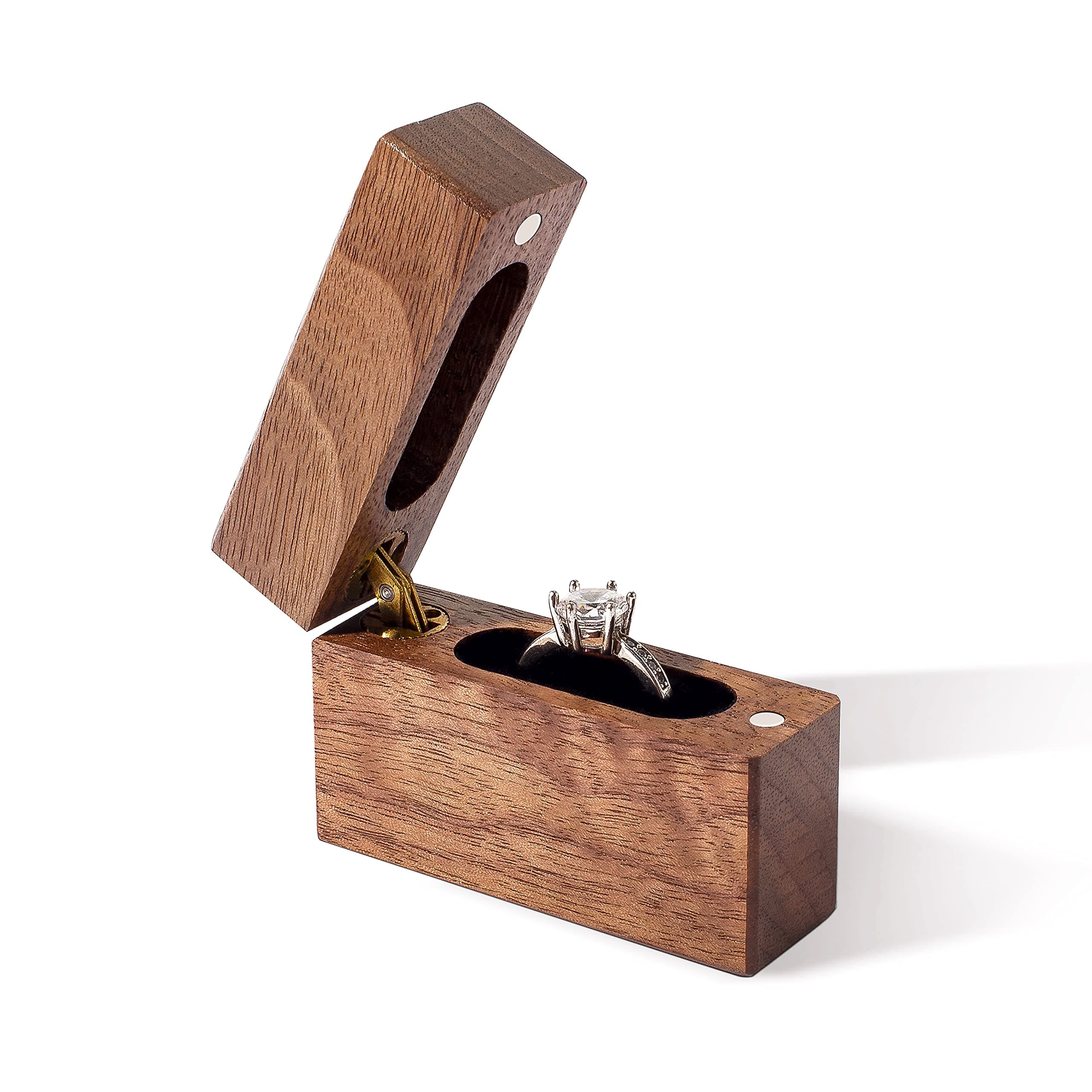 Wooden Engagement Ring Box Small Slim Flat Ring Case for Proposal,Wedding (Walnut Wood)