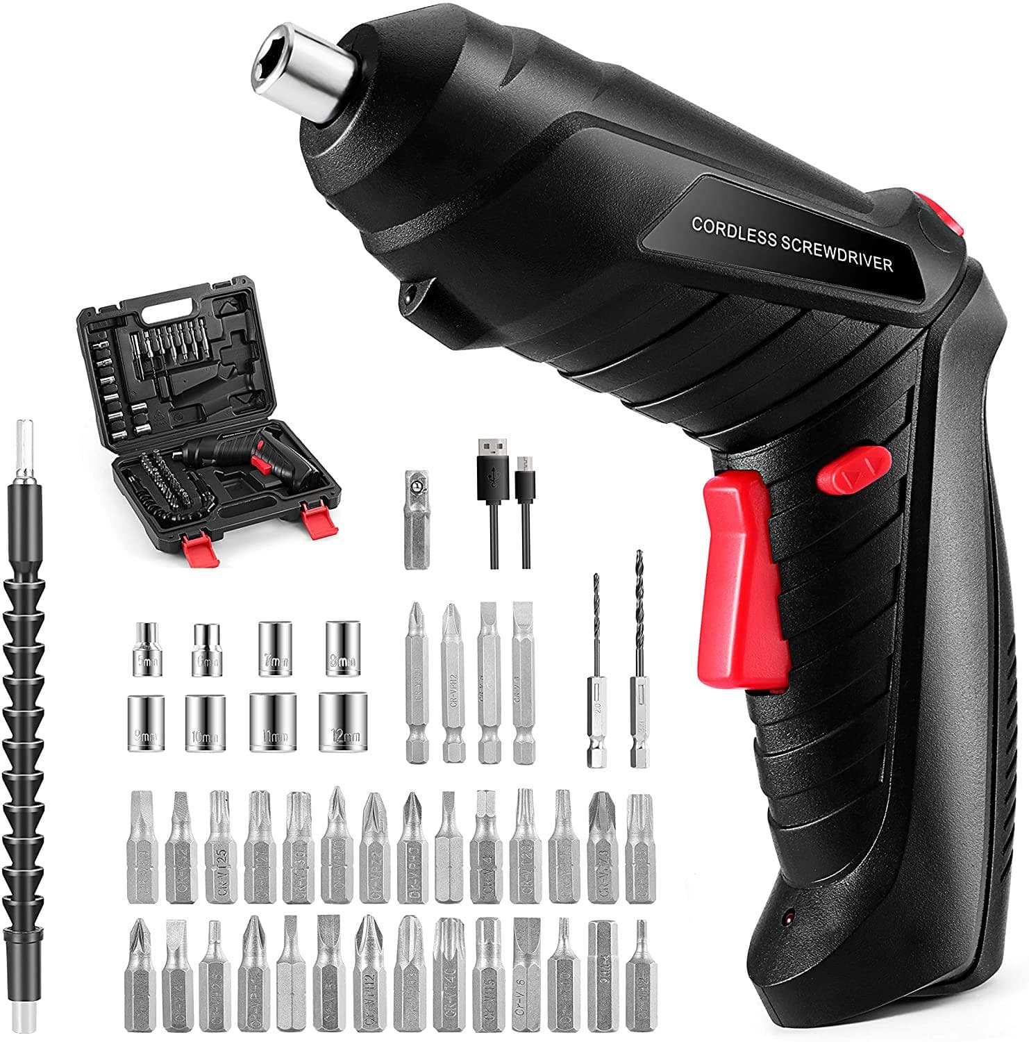 AccLoo Electric Screwdriver Set, 47 in 1 Rechargeable and Rotatable Cordless Electric Cordless Screwdriver Drill with Built-in LED, 1300mAh (Black)