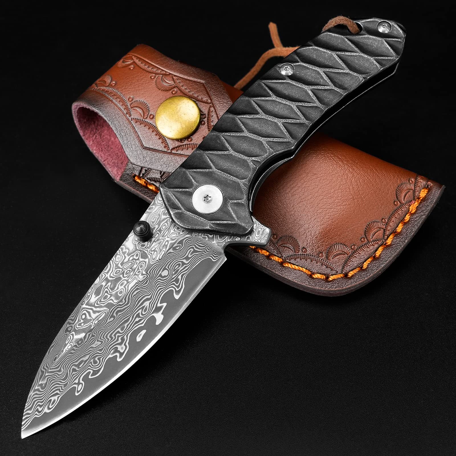 AUBEY Damascus Pocket Knife for Men, Forged 2.95" VG10 Damascus Steel Folding Knife with Sheath, Rain-drop Blade, Stainless Steel Handle, EDC Knife for Camping