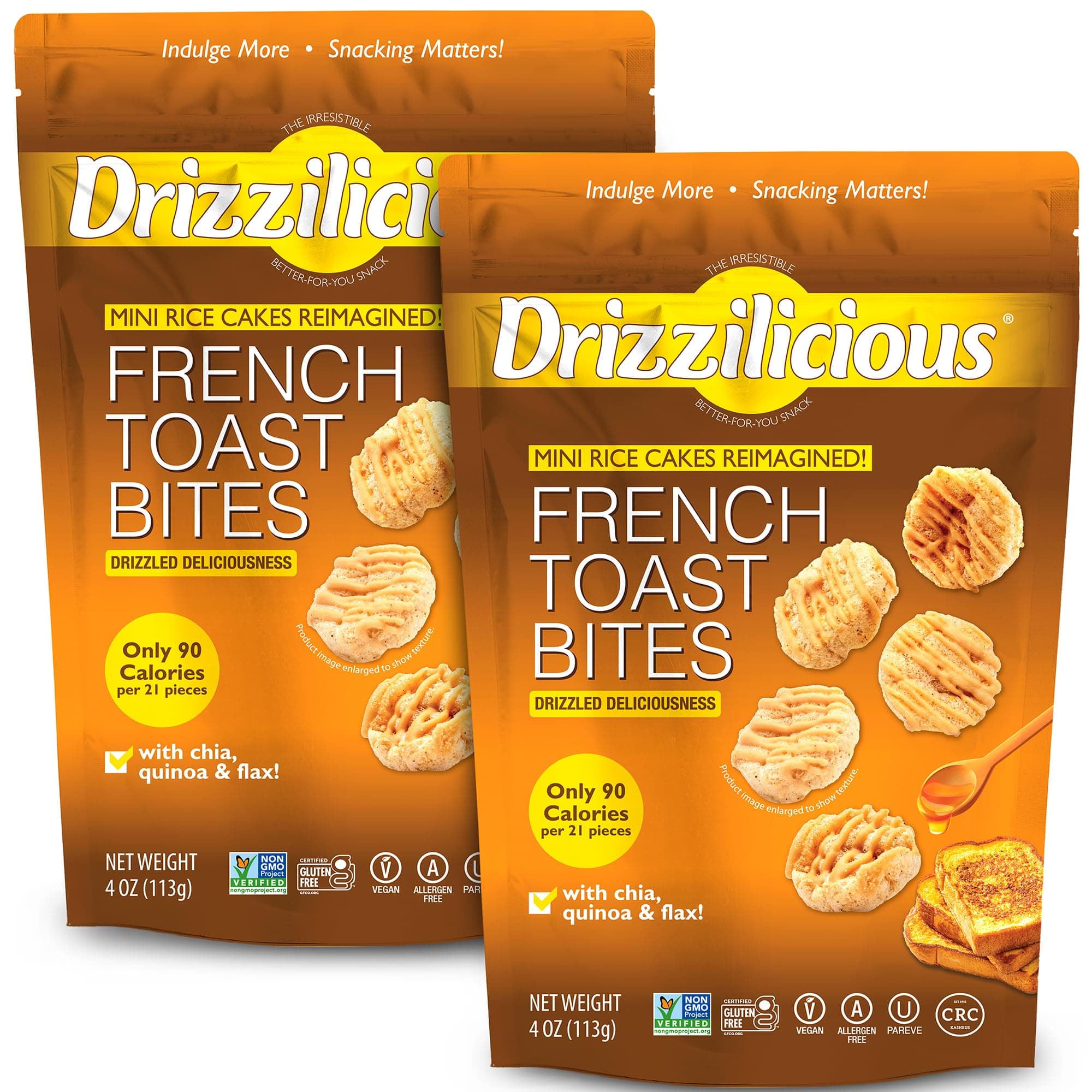 Drizzilicious Mini Rice Cakes French Toast - Rice Crisps, Healthy Snack for Adults and Kids, Flavored Rice Cakes, Vegan, Gluten Free, Allergen Free, Only 90 Calories Per Serving - 4 oz (Pack of