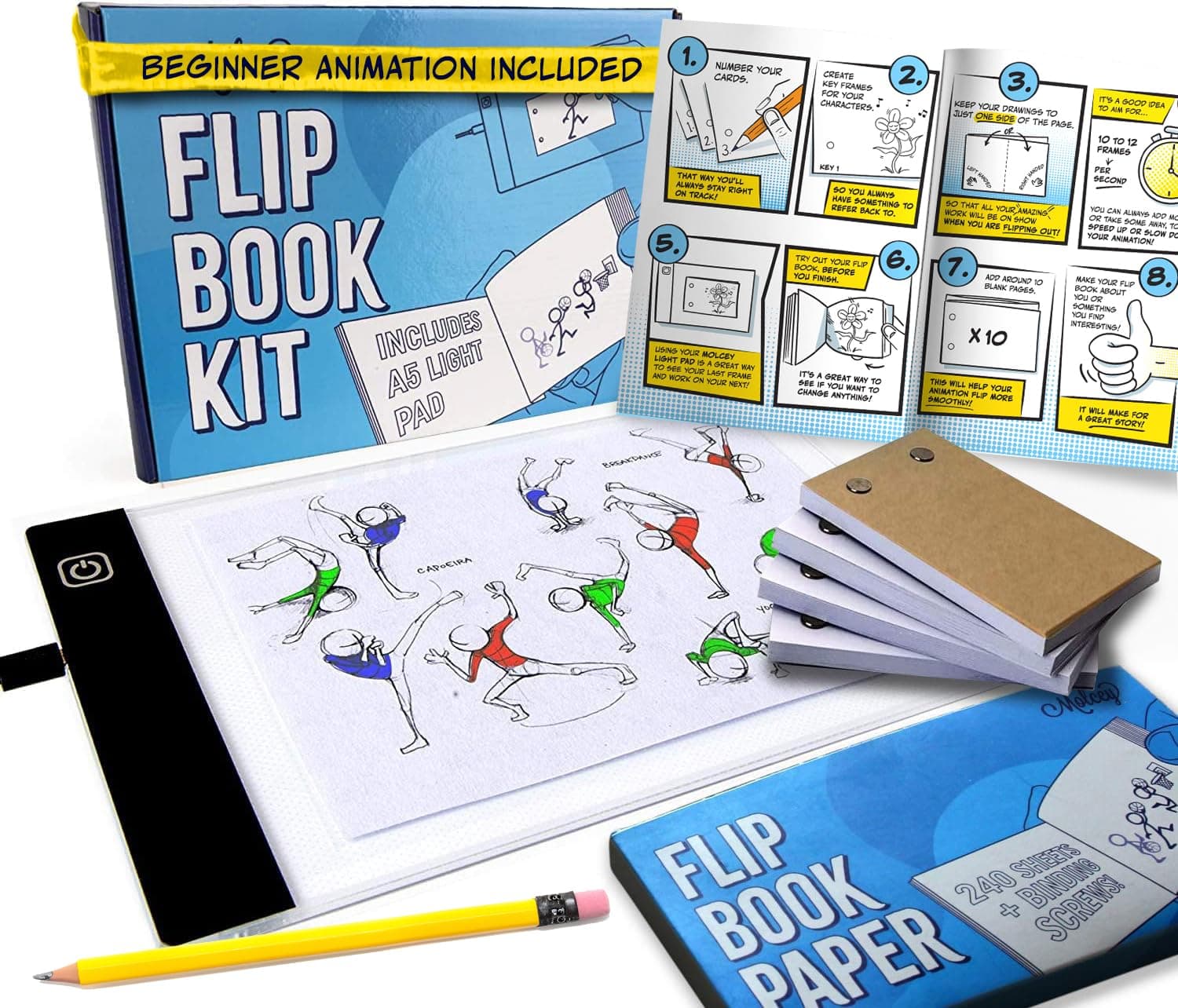 Molcey Flip Book Kit With Led Light Pad. Includes 240 Sheets Paper Screws For Drawing And Tracing. Animation Paper/Blank Books A5 Flipbook Kids 9-12 6-8. Box