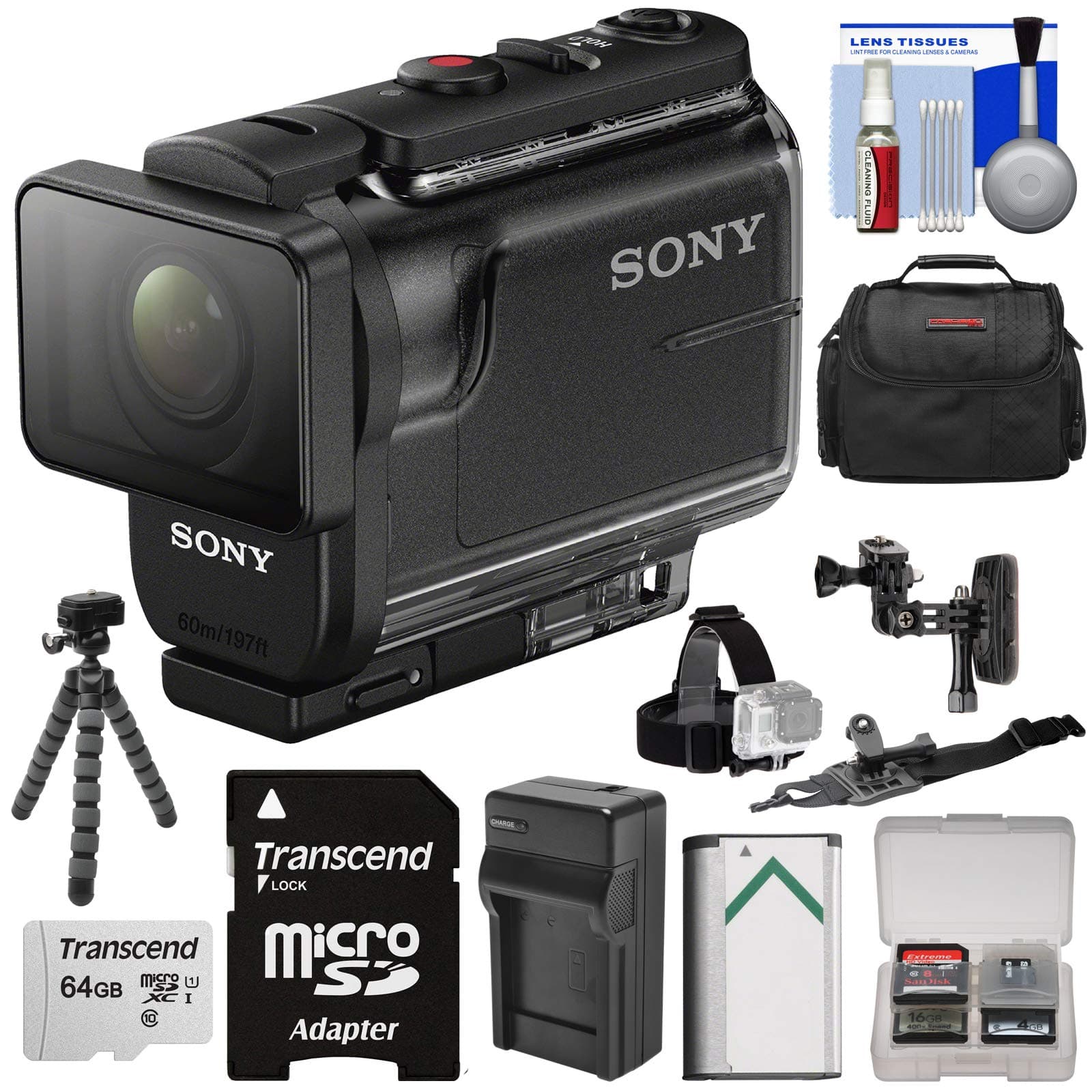 Sony Action Cam HDR-AS50 Wi-Fi HD Video Camera Camcorder with 64GB Card + Battery & Charger + Case + Tripod + Flat Surface & 2 Helmet Mounts + Kit