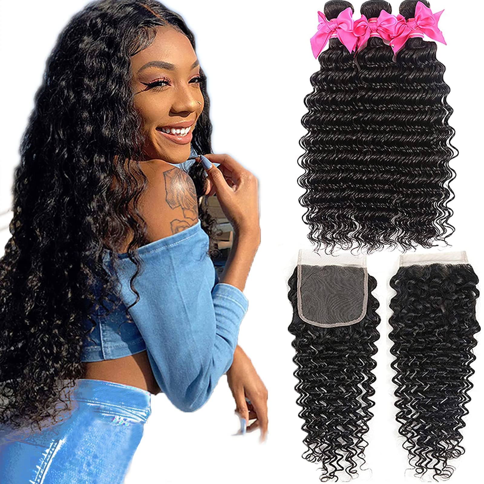 Aatifa Brazilian Virgin Deep Wave 3 Bundles with Closure 9A Grade Unprocessed Human Hair with 4x4 Lace Closure Free Part Natural Color, lace closure, (18/20/22+16 Inch)