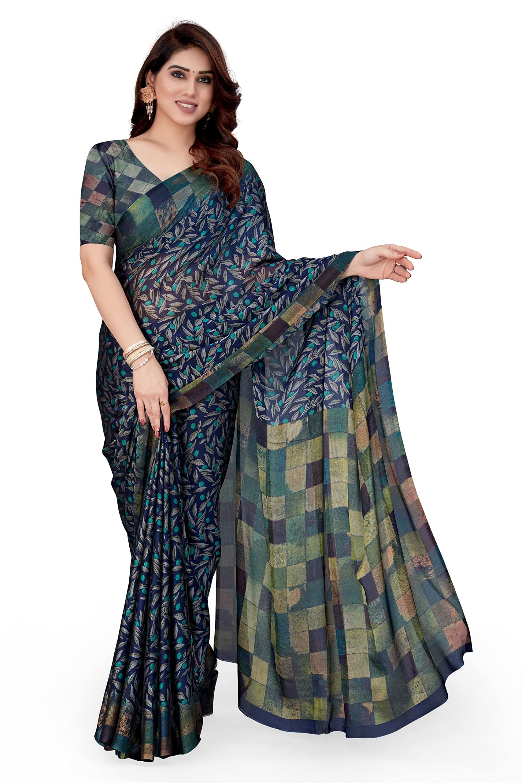 MIRCHI FASHIONWomen's Stylish Chiffon Leaf and Checked Print Saree with Blouse Piece