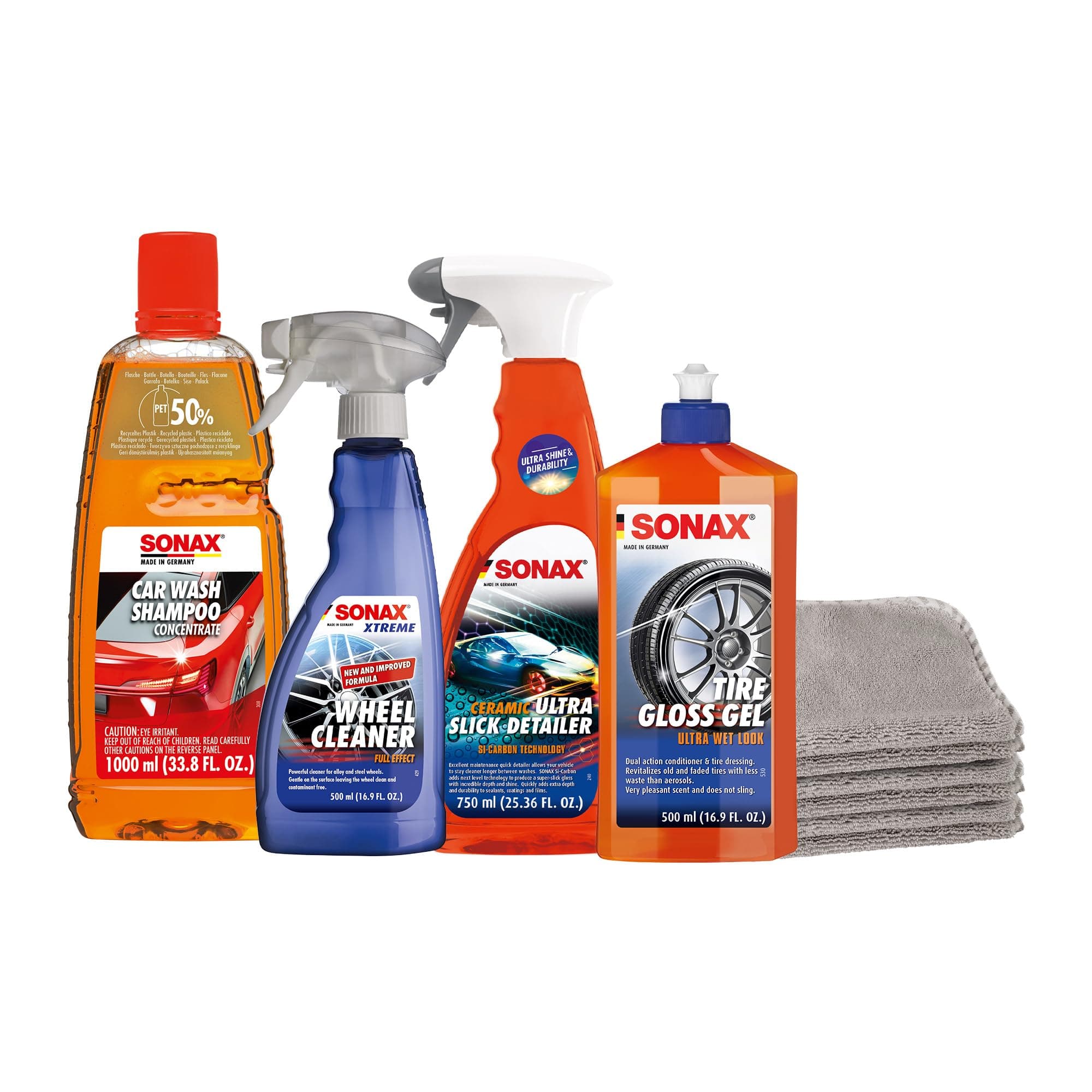 SONAX Complete Car Care Kit | Gloss Shampoo, Interior Cleaner, Clear View Liquid, Microfiber Cloth Interior & Exterior | Windshield Washing Liquid | Dashboard & Upholstery | Glass Cleaning Clothes