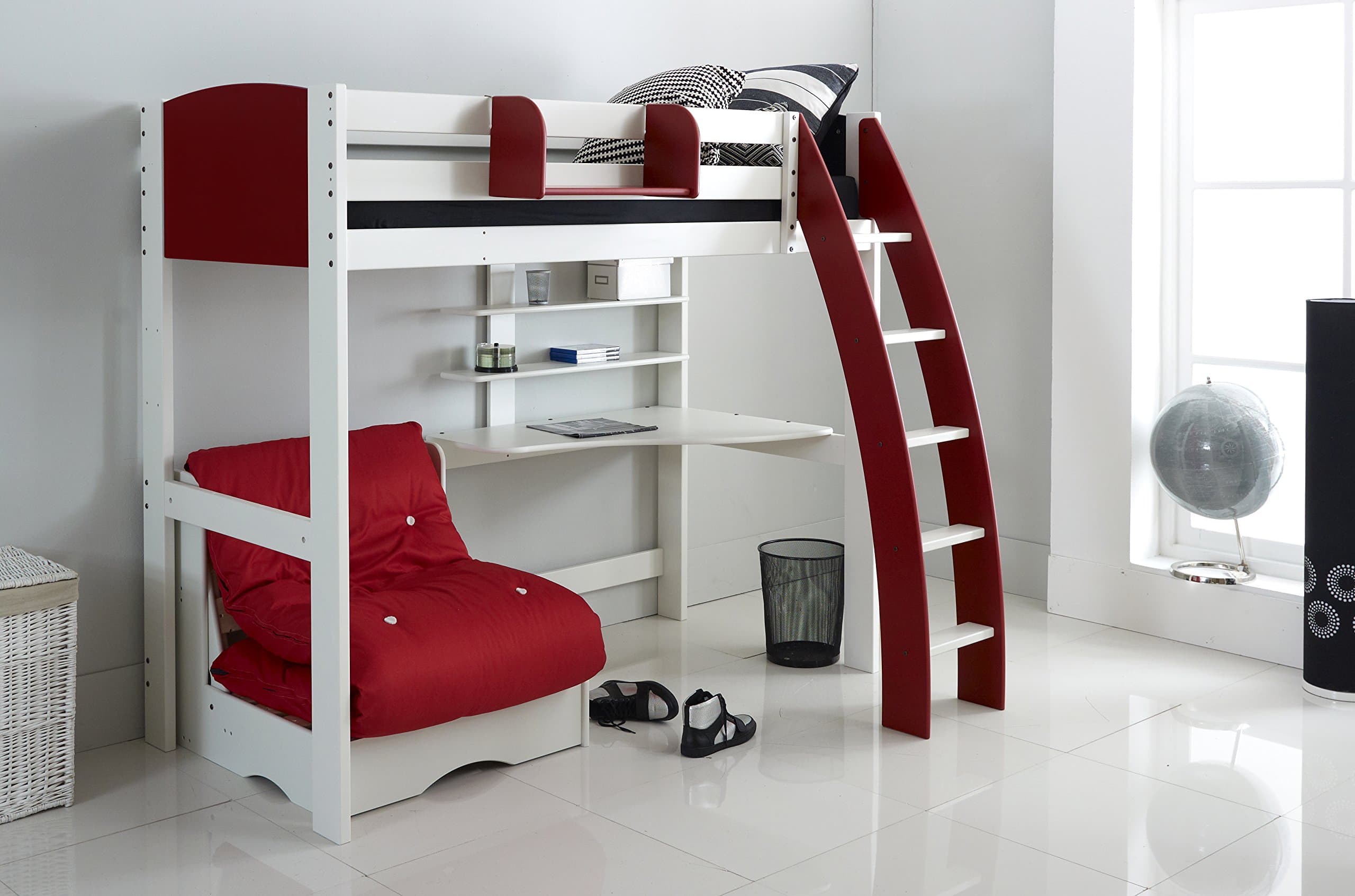 Scallywag Kids Exclusive High Sleeper Bed - Integral Desk & Shelves - Hook on Shelf - Chair Bed - 4 Colour Options. Made In The UK. (Red)