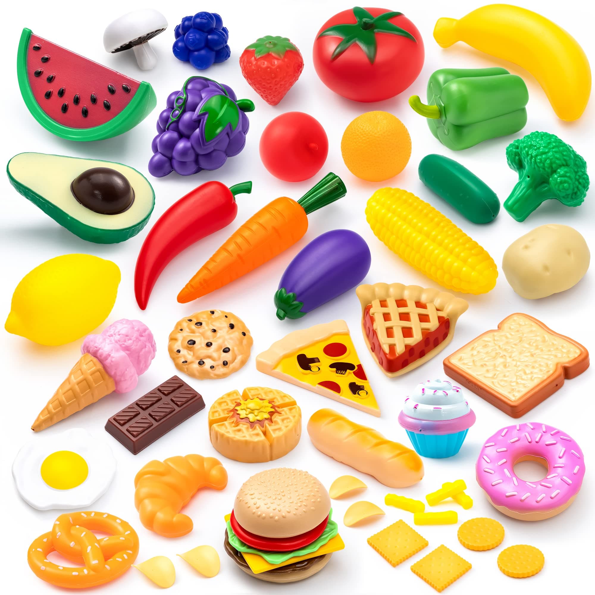 50 pcs Play Food Set for Kids,Plastic Toy Kitchen Accessories with Fruits,Vegetables & Desserts,Imaginative Play Food Toys for Toddlers 2,3,4,5, Bithday Gift for Kids