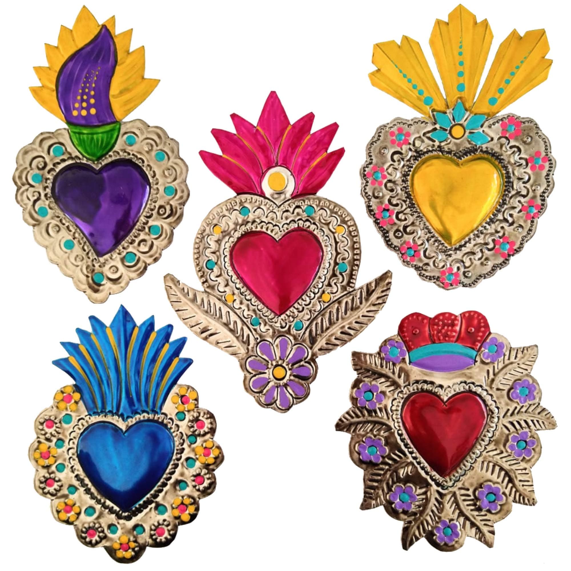 IREKUA Mexican Tin Hearts 5 Pieces Art Wall Decor 6" Milagros Mexicanos Hand Painted Colorful Metal Charms Folk Art Sacred Craft Mexico Decorations -Handmade