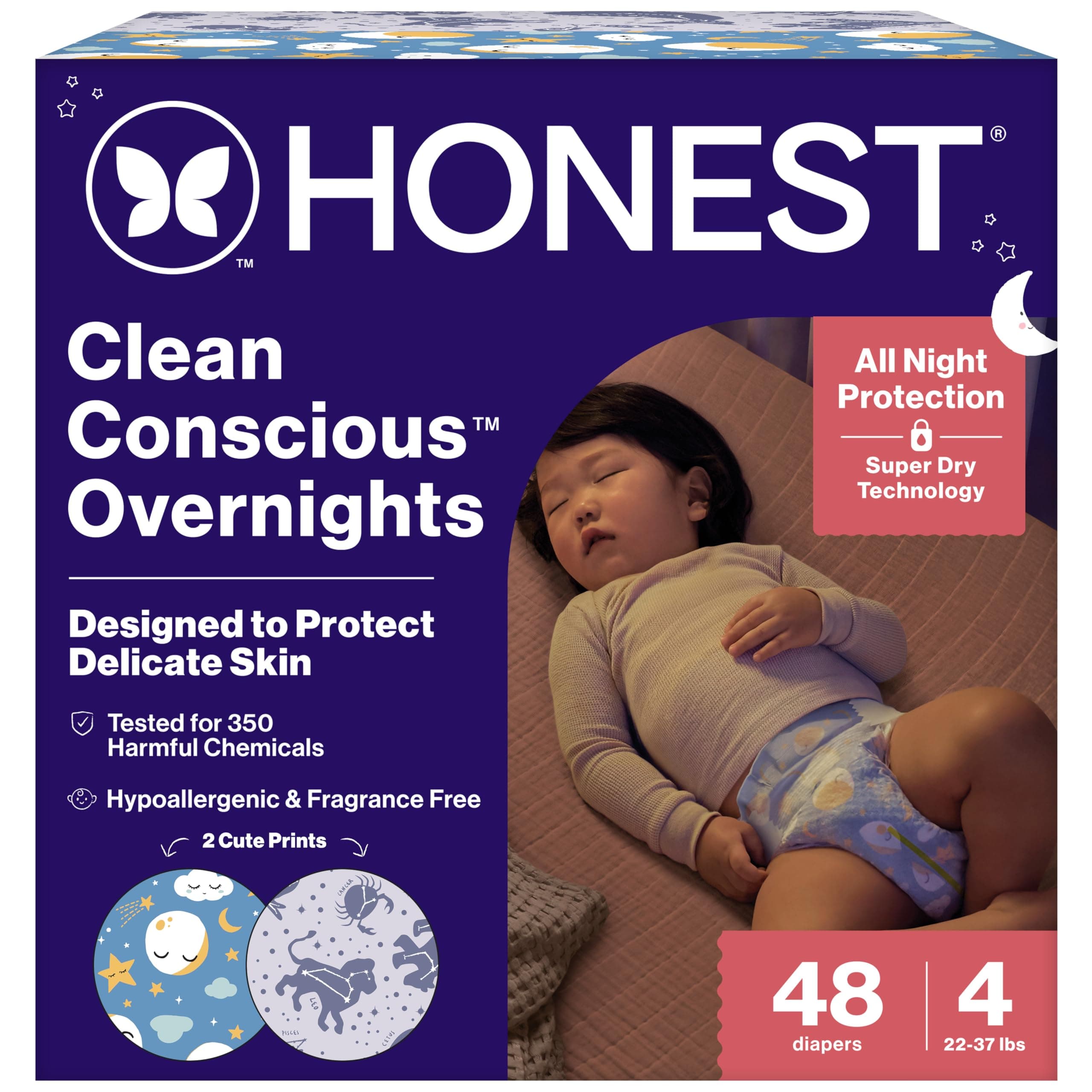 The Honest Company Clean Conscious Overnight Diapers | Plant-Based, Sustainable | Cozy Cloud + Star Signs | Club Box, Size 4 (22-37 lbs), 48 Count