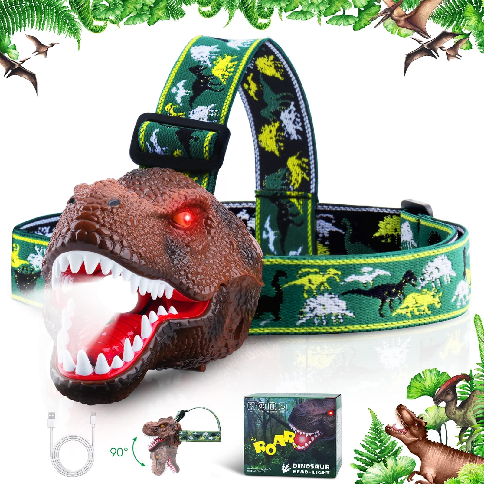 DysaimKids Headlamp, Rechargeable T-Rex Dinosaur Headlamp for Kids and LED Head Lamp Camping Gear Flashlight, Hiking Accessories Headlight Toys with Four Light Modes Suitable for Reading/Party Gift