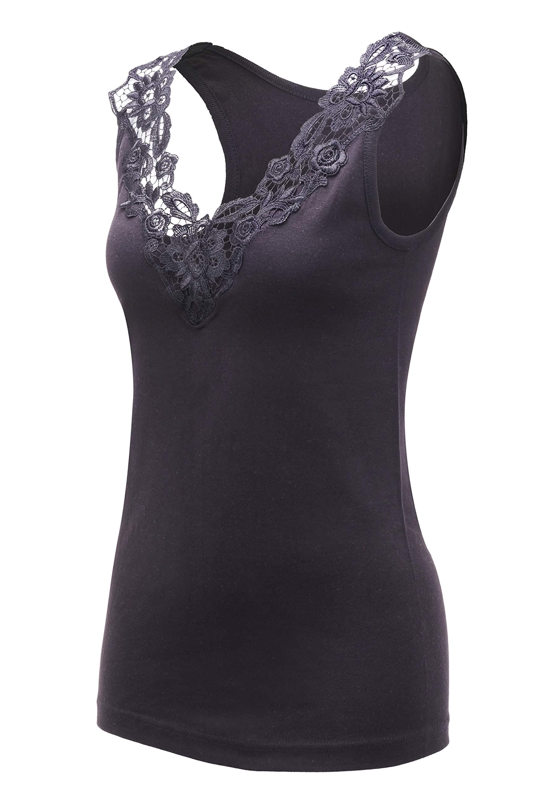 Maria Angel Ladies Plain Cotton Wide Strap Vest Top Lace Trim Neck Design Cami Tank Camisole