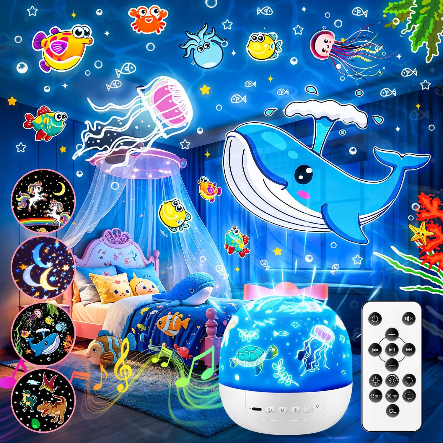 One Fire Sensory Lights for Babies, 15 Films+144 Lighting Modes Night Light Projector, USB Rechargeable & Cordless Baby Lights Projector, Baby Projector Light Newborn Sensory Toys for Babies