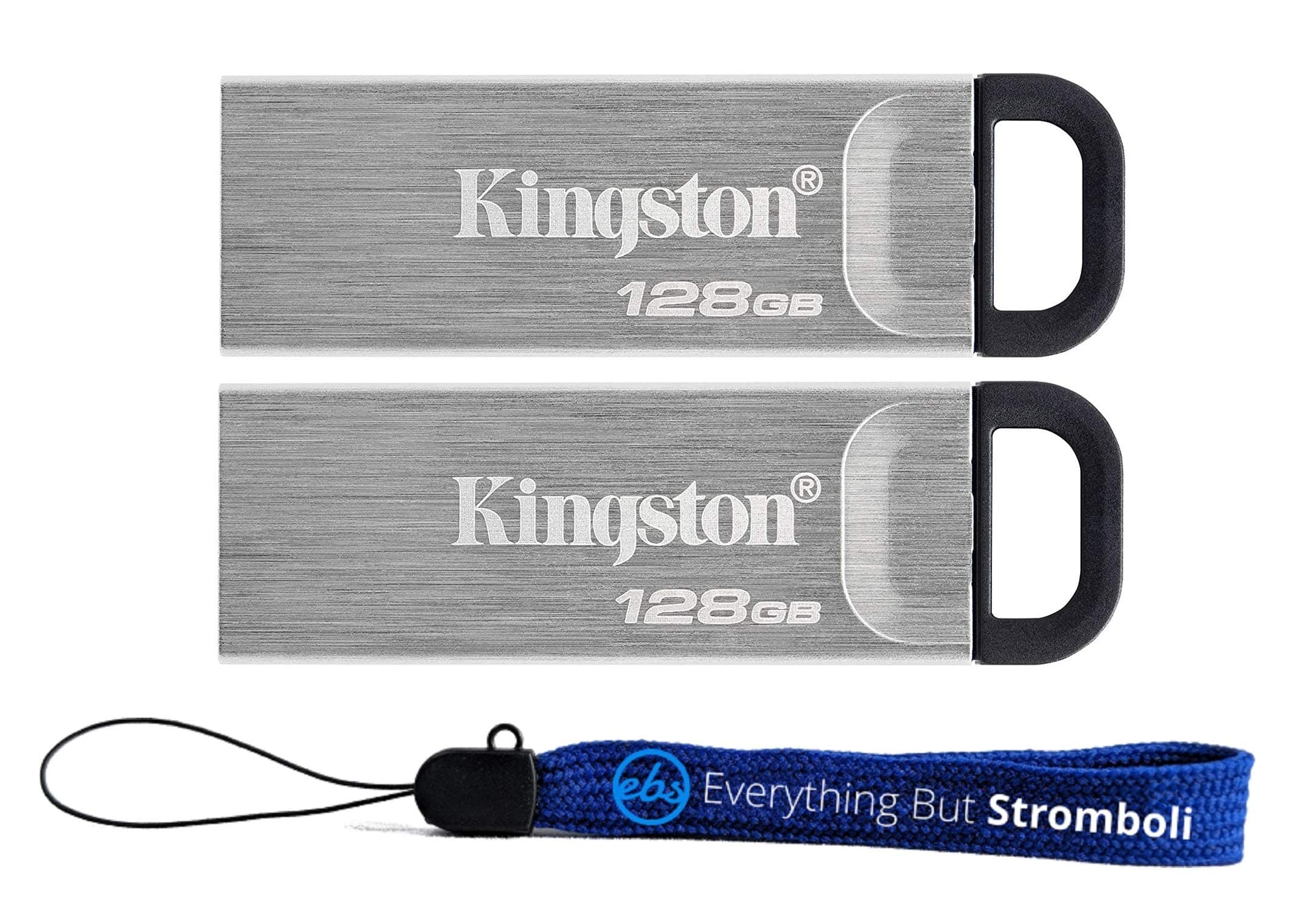 Everything But Stromboli Kingston Flash Drive 128GB Kyson DataTraveler (Bulk 2 Pack) Metal USB 3.2 Type-A Drive 200MB/s High Speed PenDrive for Computer or Laptop (DTKN/128GB) Bundle with (1) Lanyard