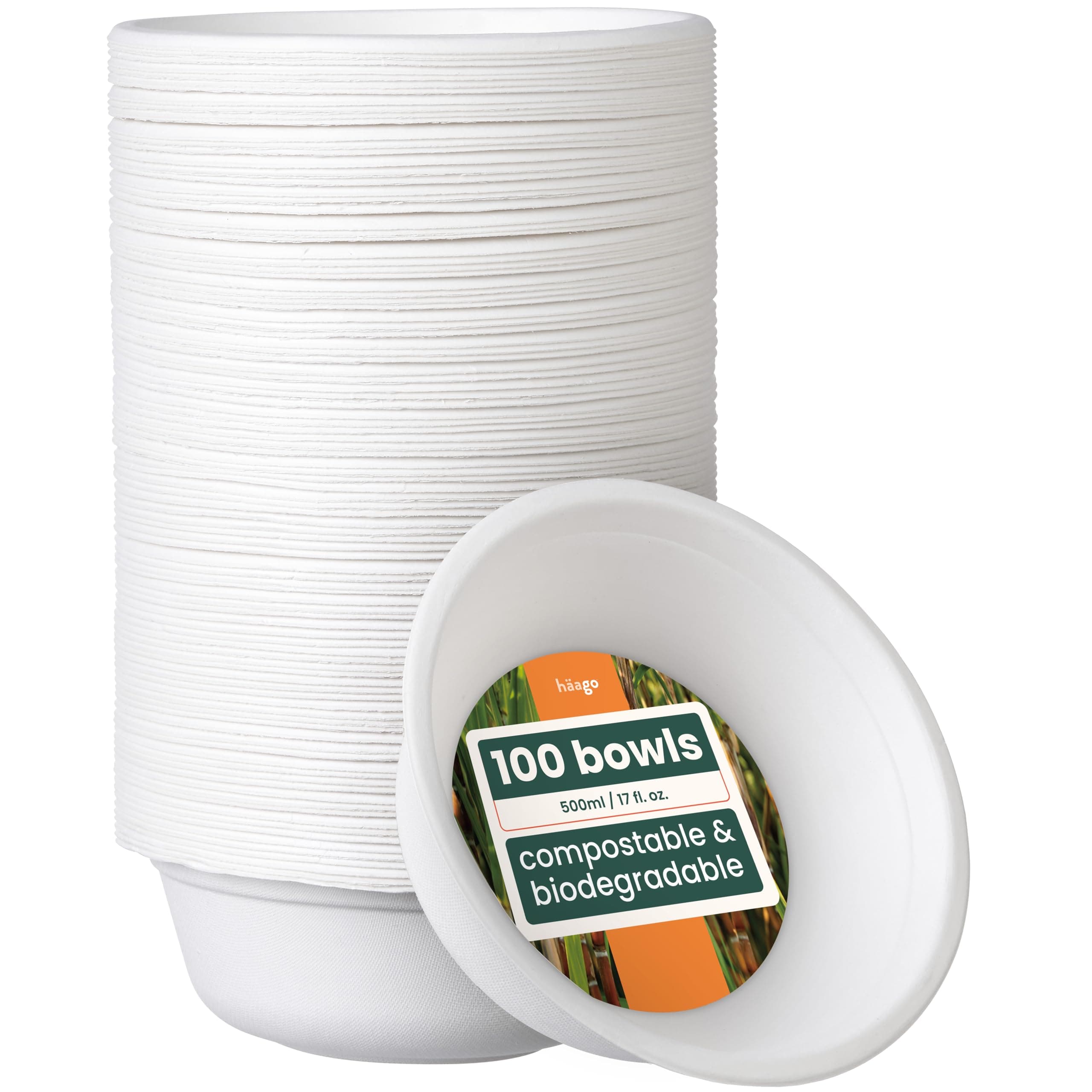 HAAGO 100 Strong Biodegradable Sugarcane Bagasse Bowls, 500ml / 17oz – Heavy Duty Paper Bowls - Leak- & Grease-Resistant - Compostable Disposable for Soup, Curry, Cereal, Dessert, Parties & Catering