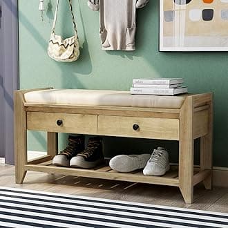 P PURLOVE Storage Bench with Cushioned Seat and Drawers,Entryway Shoe Rack for Front Door Entrance,Hallway,Living Room