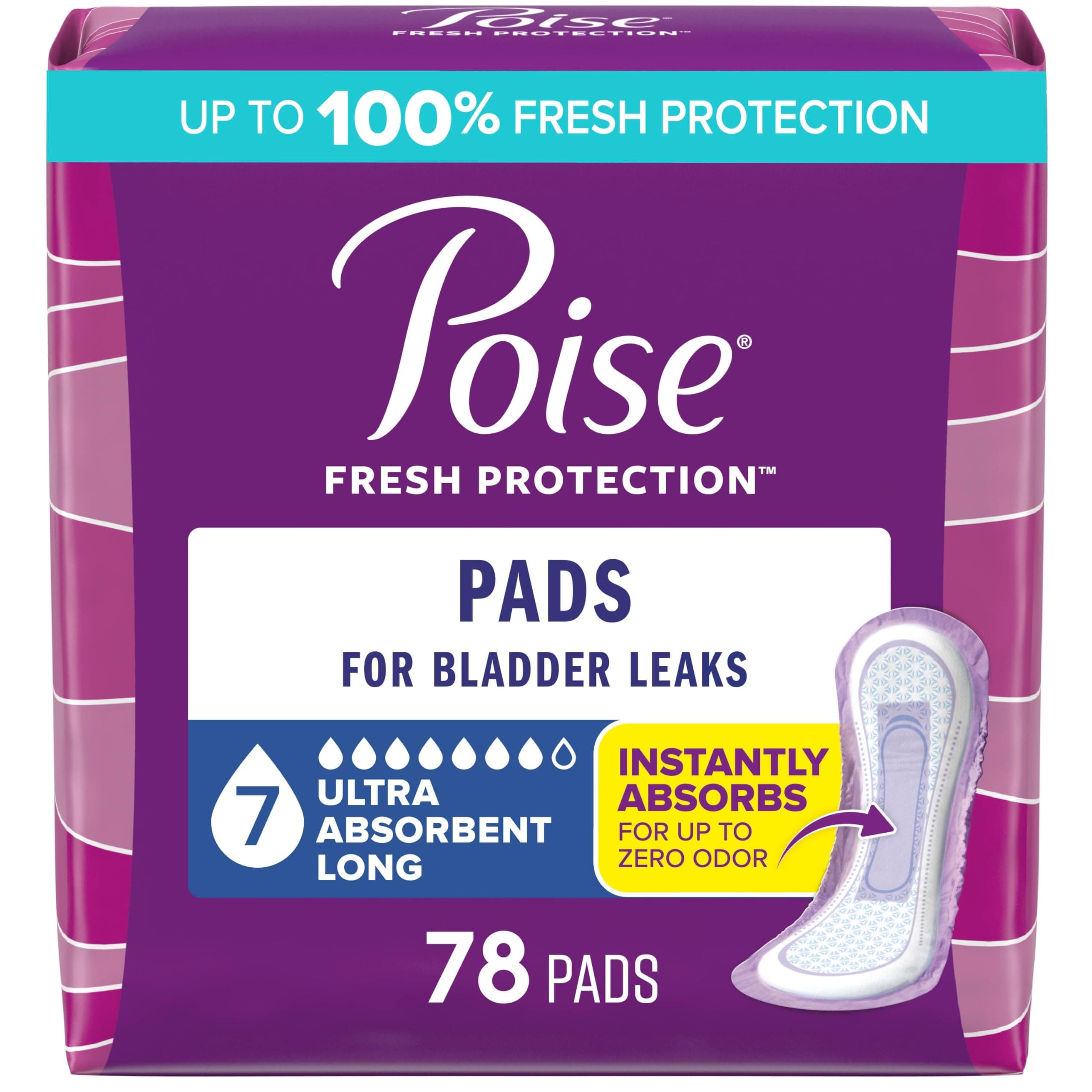 Poise Urinary Leak Pads for Women, 7 Drops, Ultra Absorbent, Long Length, 78 Count