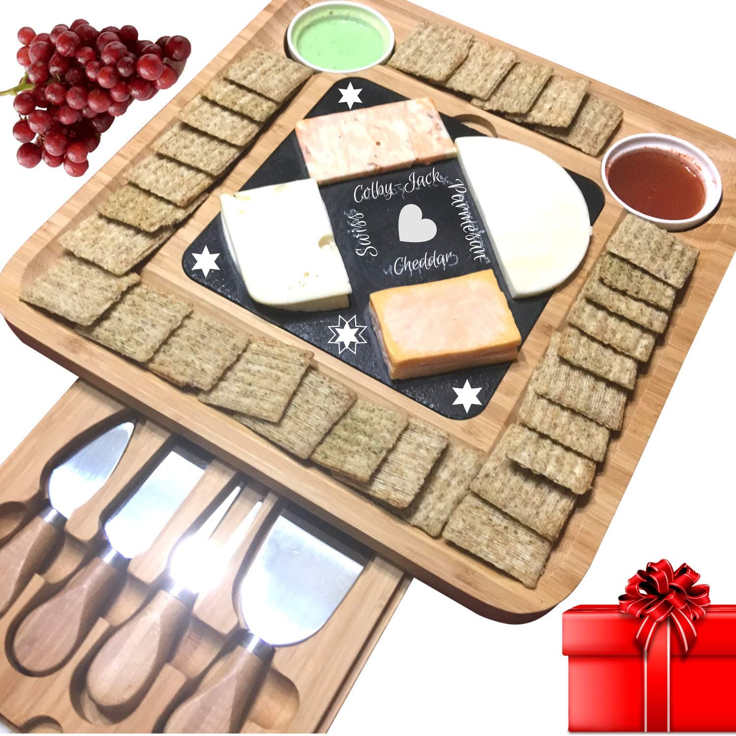 iBambooMart Slate Cheese Board Set w/Cutlery Set, 2 Bowl, Soap Stone Chalk, Bamboo Charcuterie Platter Wood Board, Perfect gift for Christmas, Mom, Mothers, Women, Men Housewarming, Wedding, Birthday