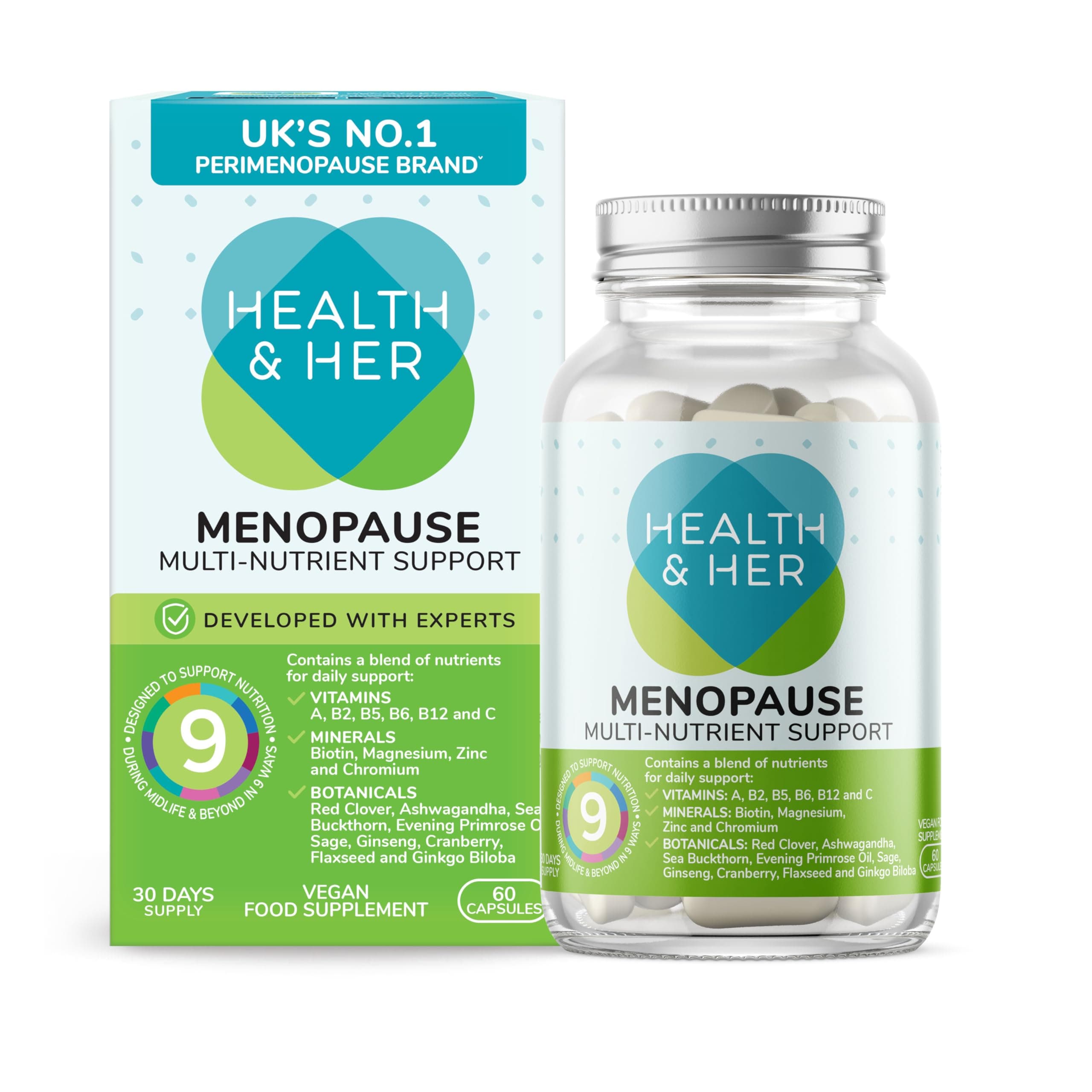 Health & Her Menopause Supplement, 9-in-1 Daily Multivitamin for Women with Ashwagandha & Red Clover, Vegan & Gluten Free, 30-Day Supply, 60 Capsules