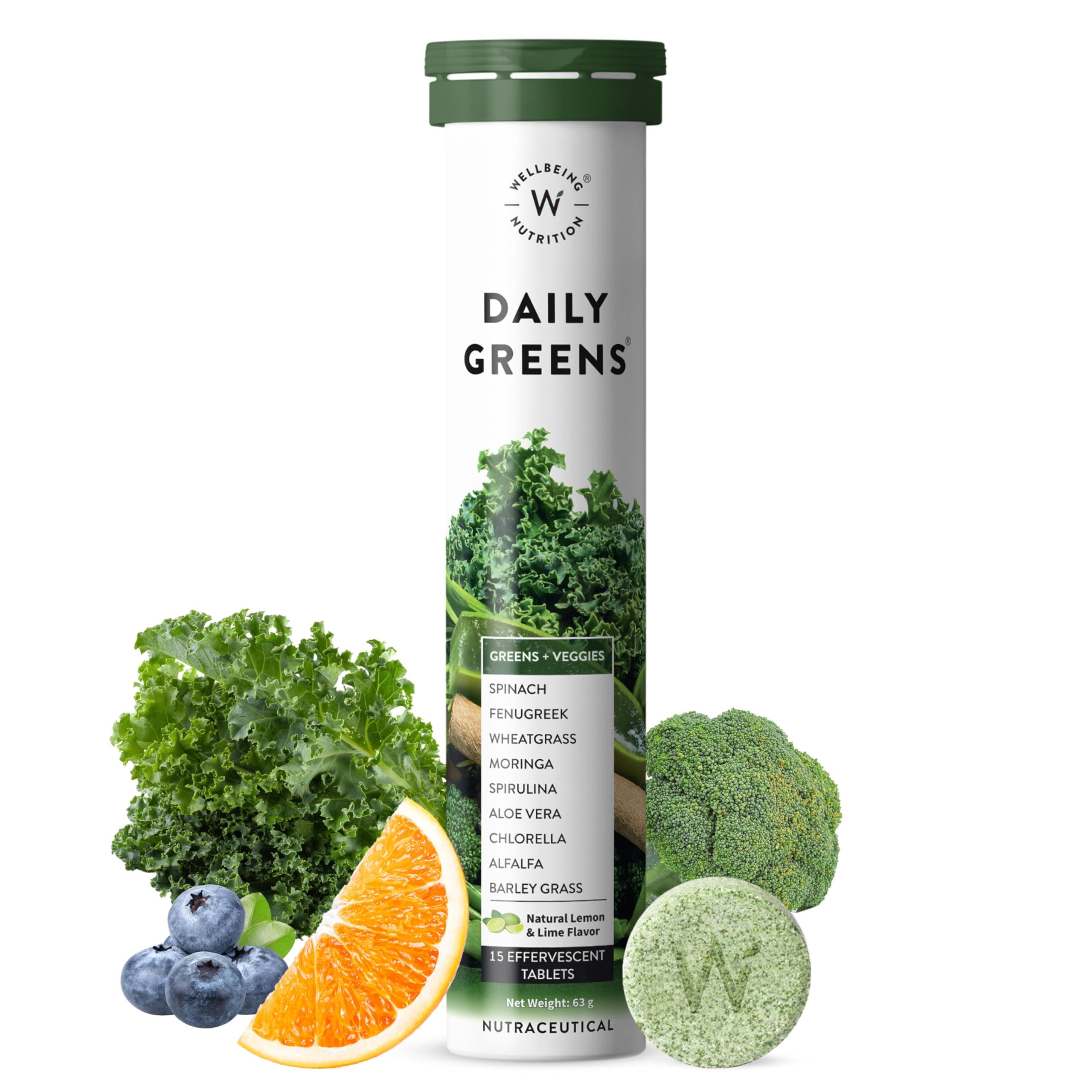 Wellbeing Nutrition Daily Greens (15 Effervescent Tablets) | Wholefood Multivitamins with Vitamin C, Zinc, B6 for Immunity & Detox with Organic Certified Plant Superfoods & Antioxidants - Pack of 1