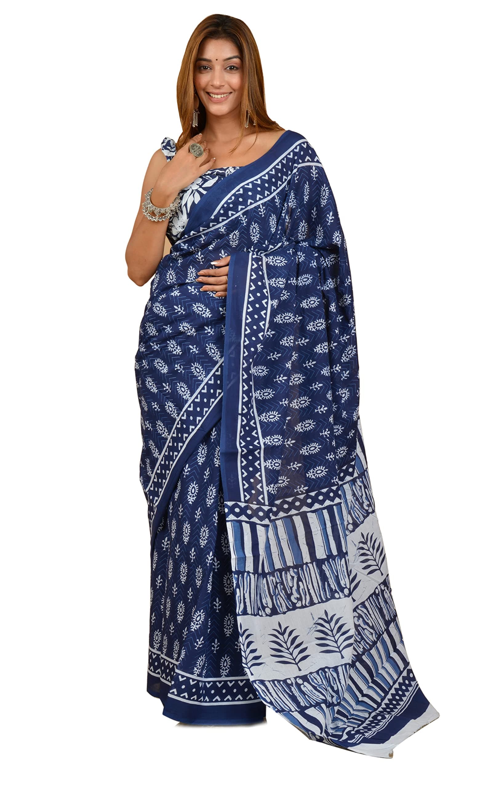 Women's Hand Block Printed Cotton Mulmul Saree With Blouse Piece_ Sh-1256, Multicolour