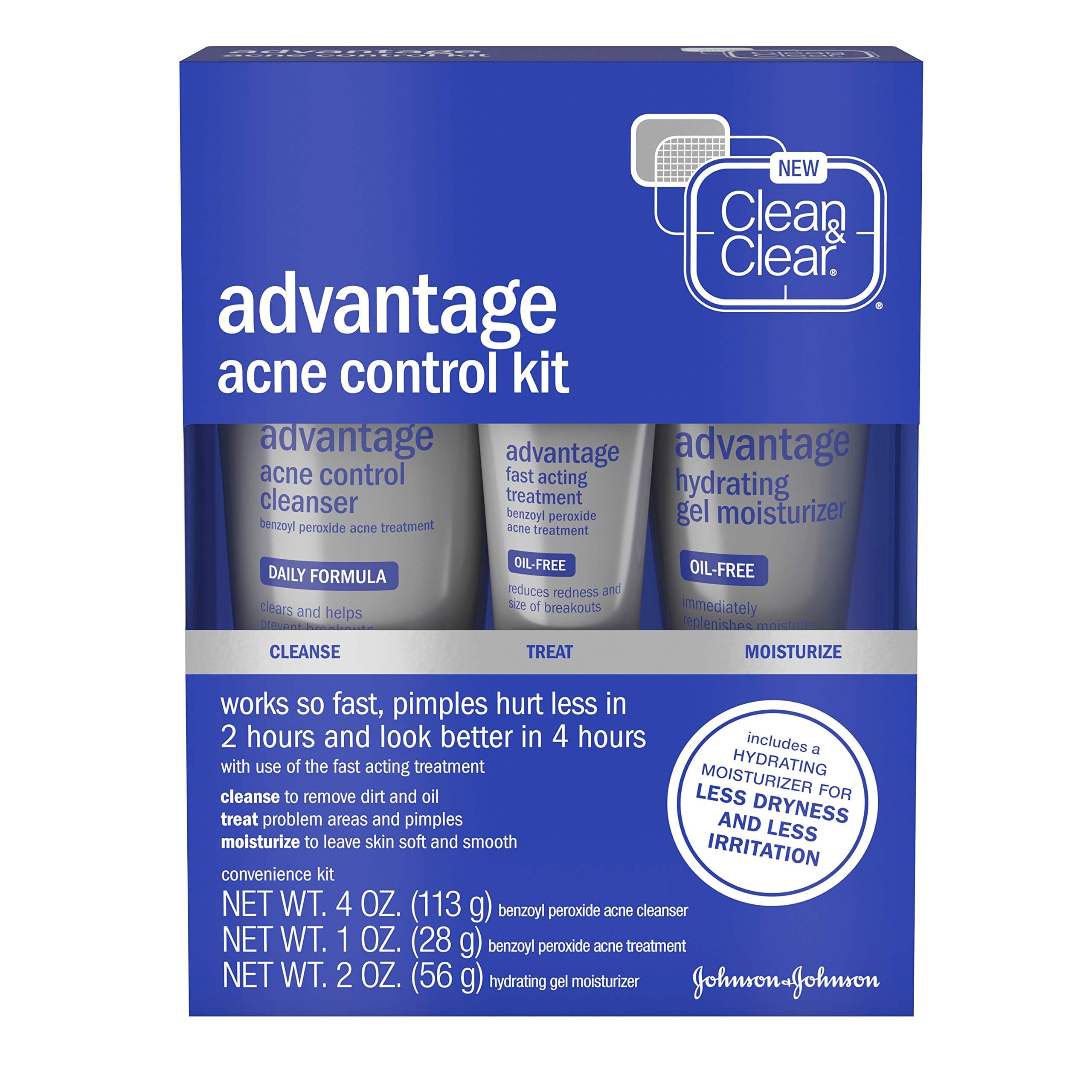 Clean & Clear Advantage Acne Control Kit with Benzoyl Peroxide, Includes Daily Face Wash, Fast Acting Treatment & Hydrating Gel Moisturizer for Acne-Prone Skin, Oil-Free & Non-Comedogenic, 3 piece, Combo