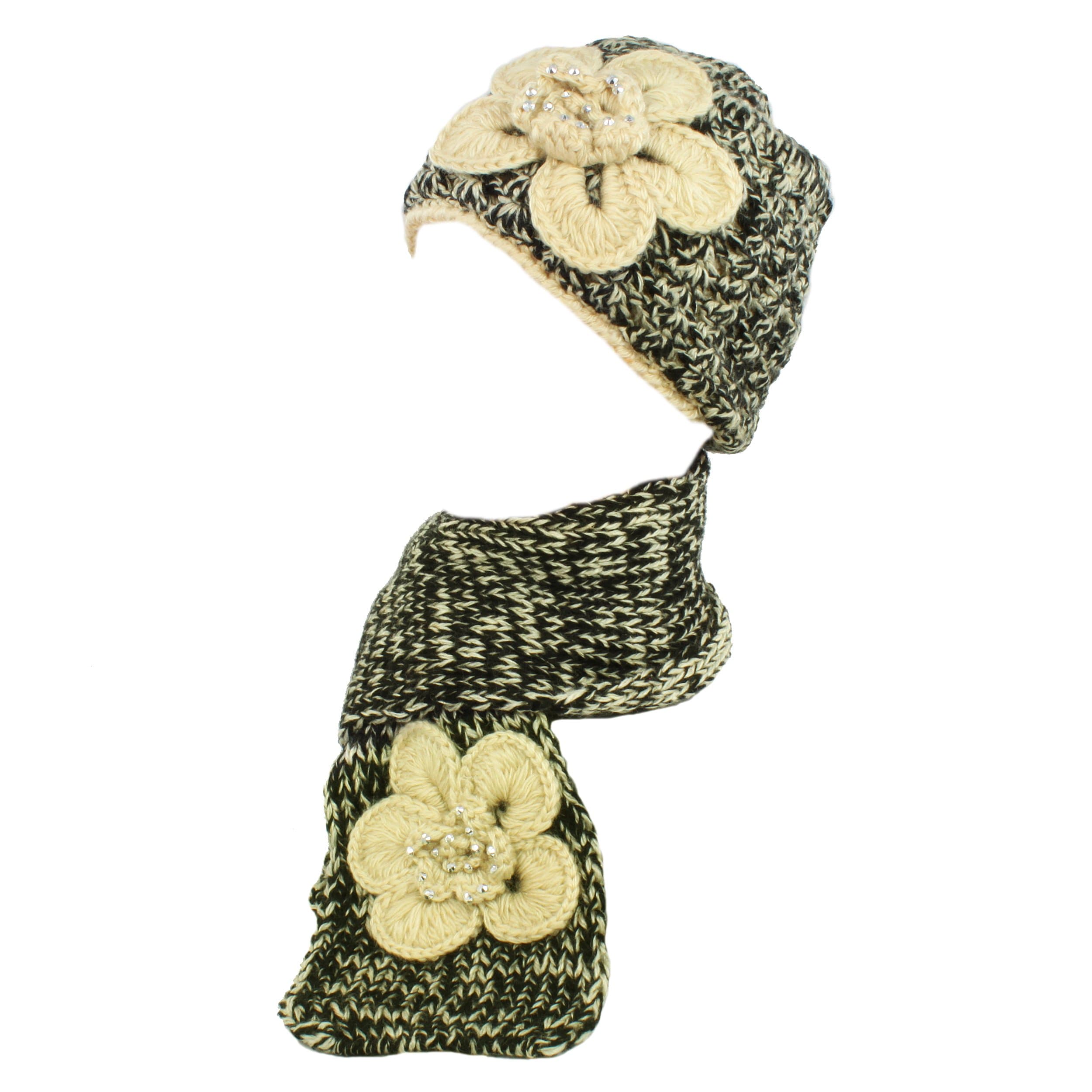 Kate Marie 'Sarah' Handcrafted Twisted Color Yarn Beanie Cap & Scarf Two Piece Set in Black