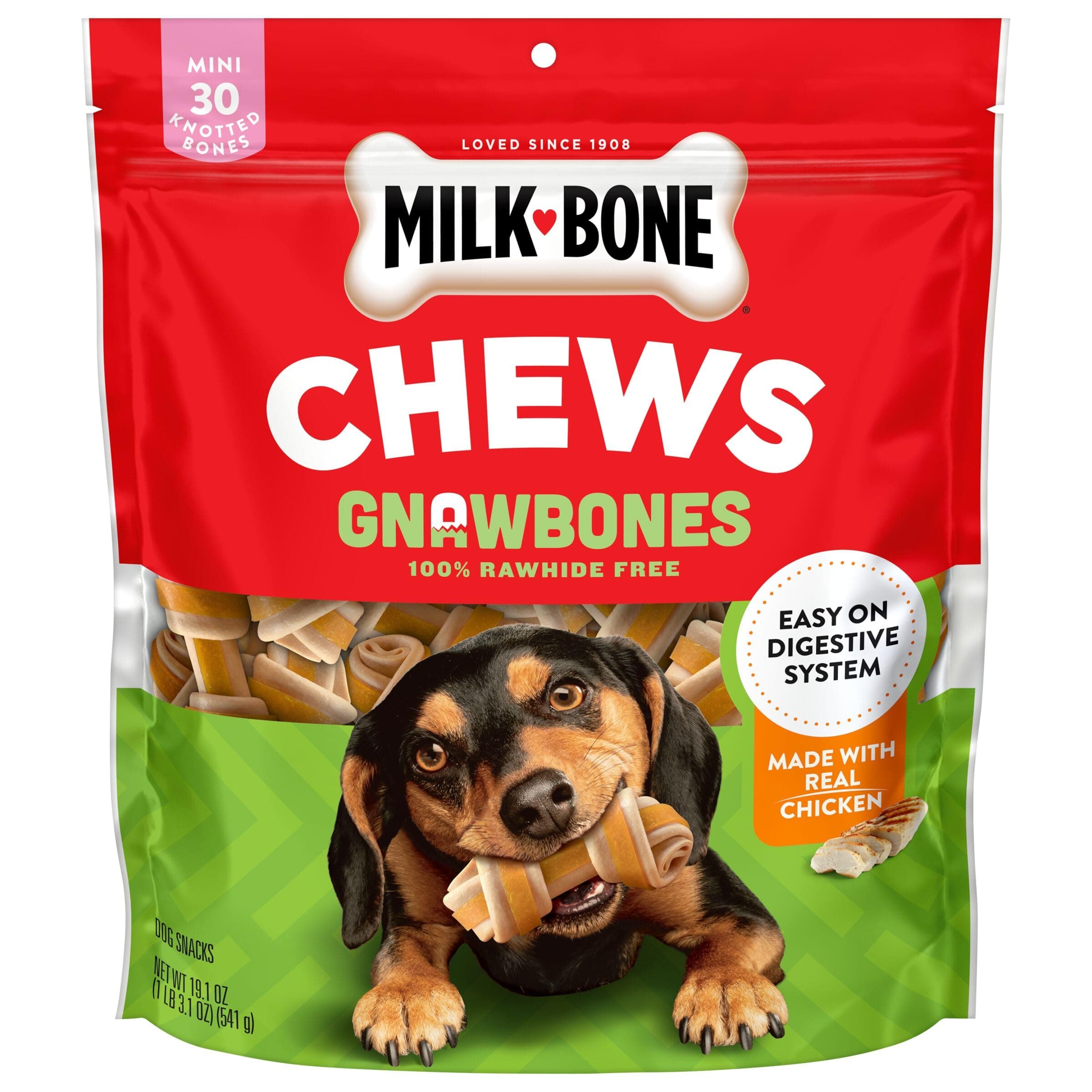 Milk-Bone Chews GnawBones Rawhide Free Dog Treats, Chicken, 30 Long Lasting Mini Knotted Bones