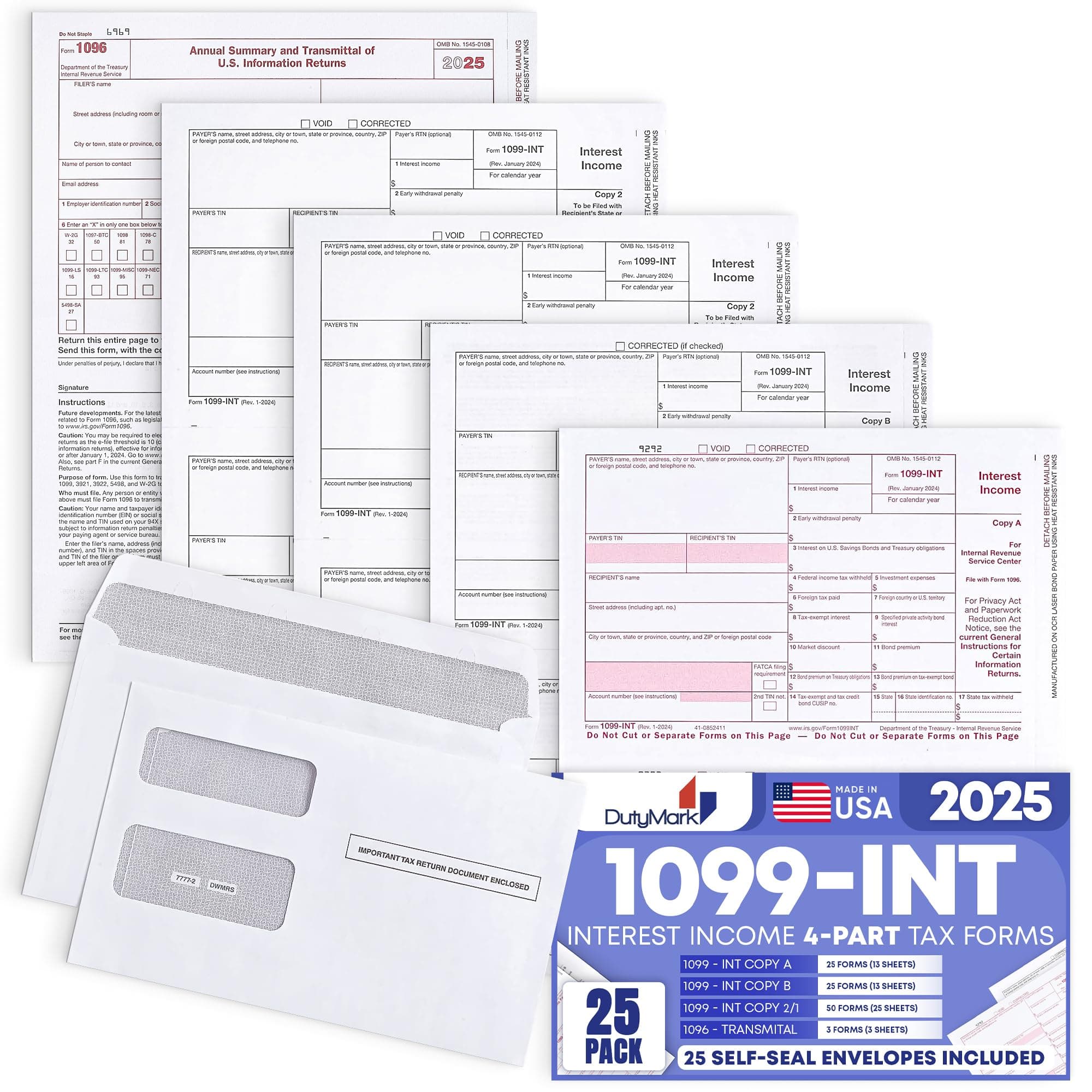 1099 INT Interest Tax Forms 2025 4 Part, 25 Pack of Interest Income Laser Forms Compatible with QuickBooks and Accounting Software, 25 Self Seal Envelopes Included