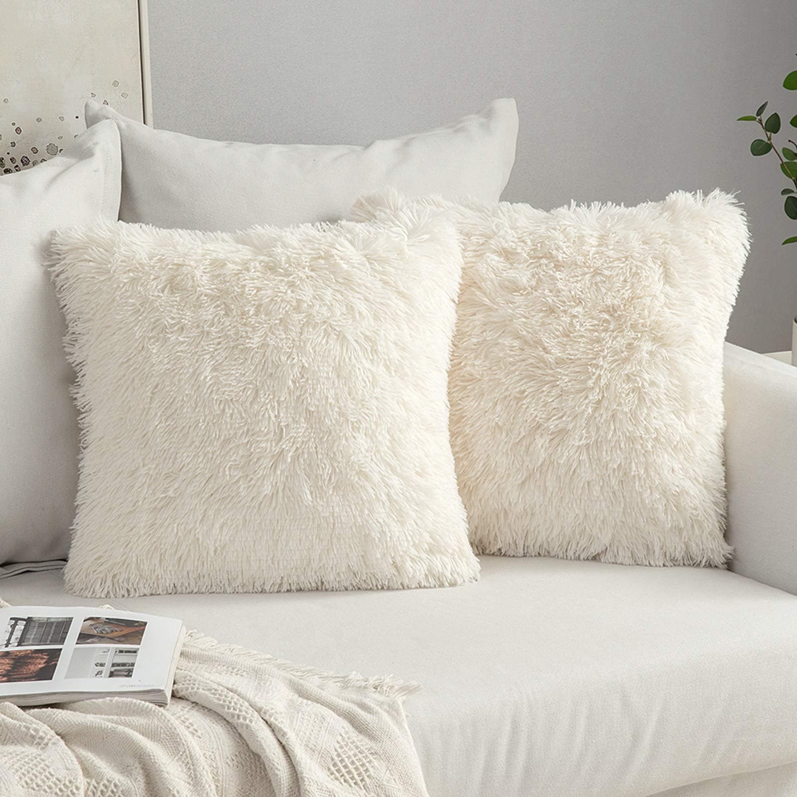 – Faux Fur Cushion Covers Fluffy Throw Pillow Case Soft Decorative Square Cute Pillow Plush Case for Livingroom Sofa Bedroom 18 x 18 Inch 45x45cm Cream White Pack of 2