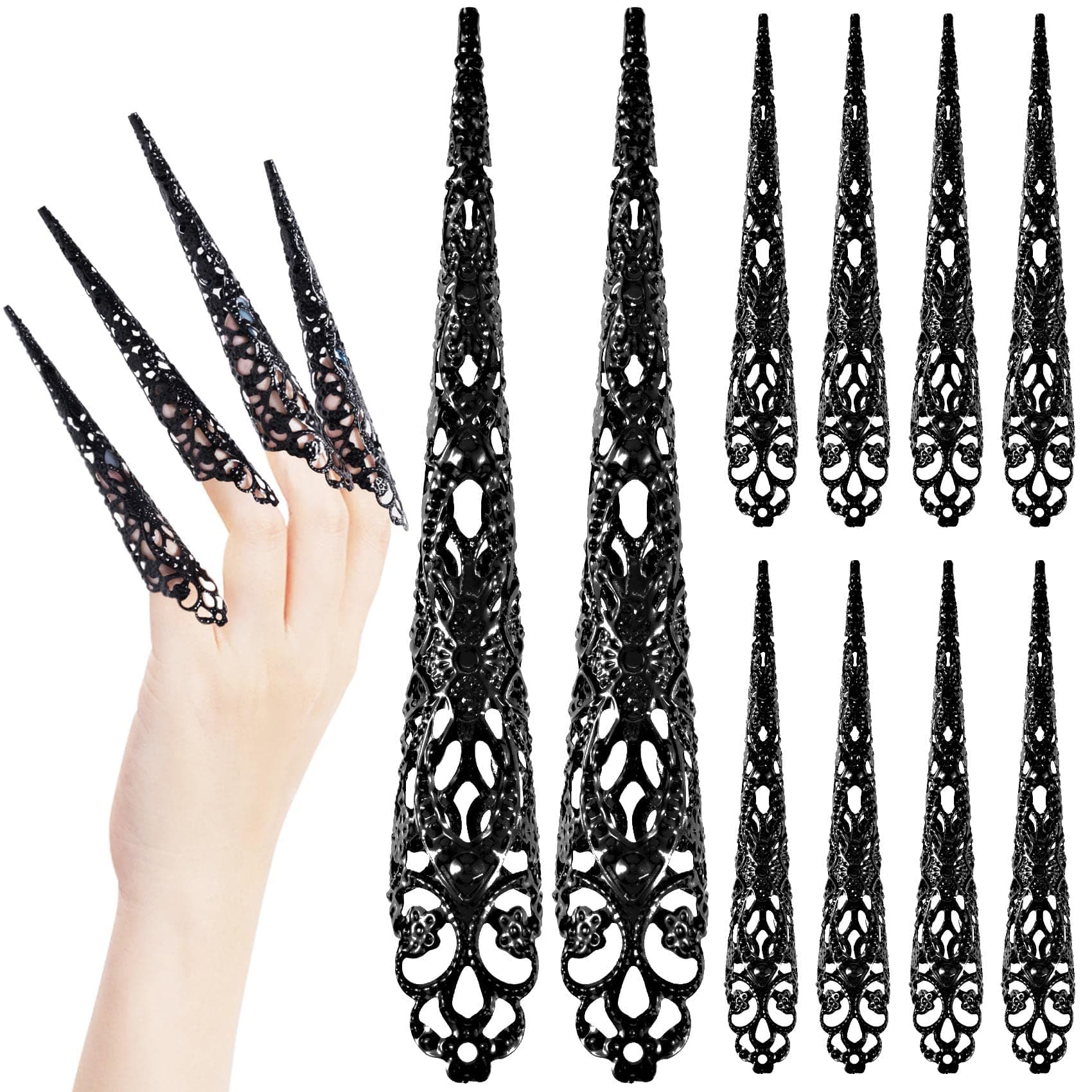 - ANCIRS 10 Pack Finger Nail Tip Claw Rings, Ancient Queen Costume Fingertip Claw Nail Rings Decoration Accessory, Finger Knuckle Protectors for Halloween Cosplay Drama Dance Show- Black