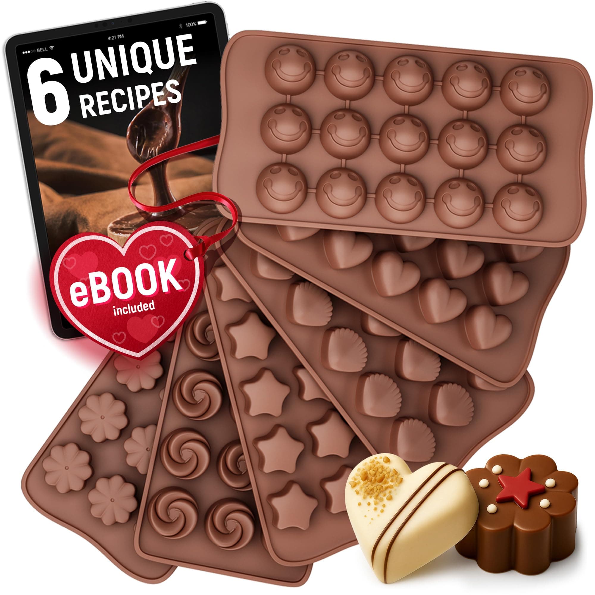 Mighty-X Silicone Candy Molds + 5 Recipes eBook - 6 Pack - Ideal Silicone Molds For Fat Bombs - Chocolate Molds