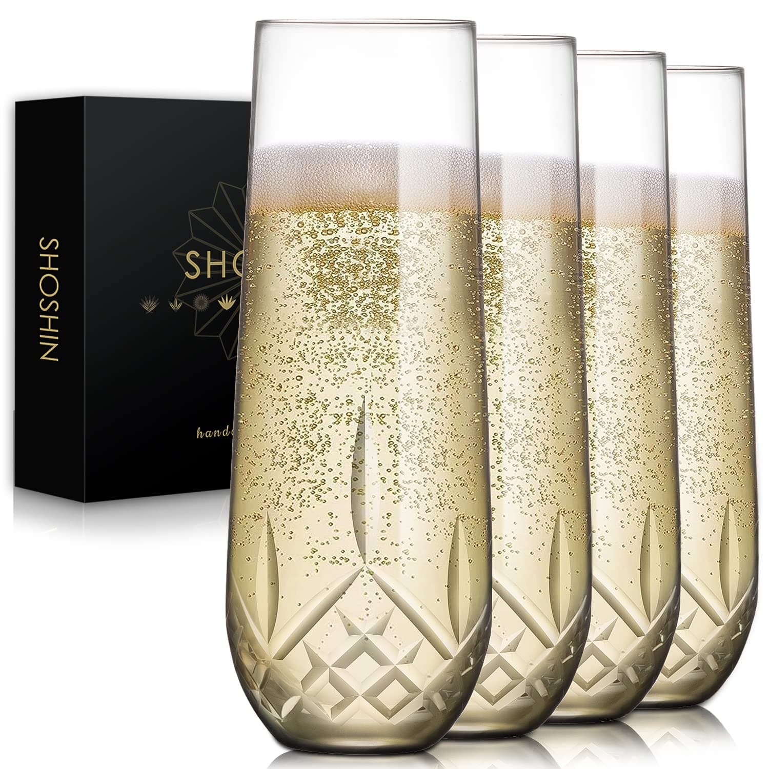 SHOSHIN Stemless Champagne Flutes Crystal, Hand Cut Champagne Glasses Set of 4, 9.5 Oz Champagne Toasting Glasses, Handmade Gift for Birthday, Wedding, Anniversary