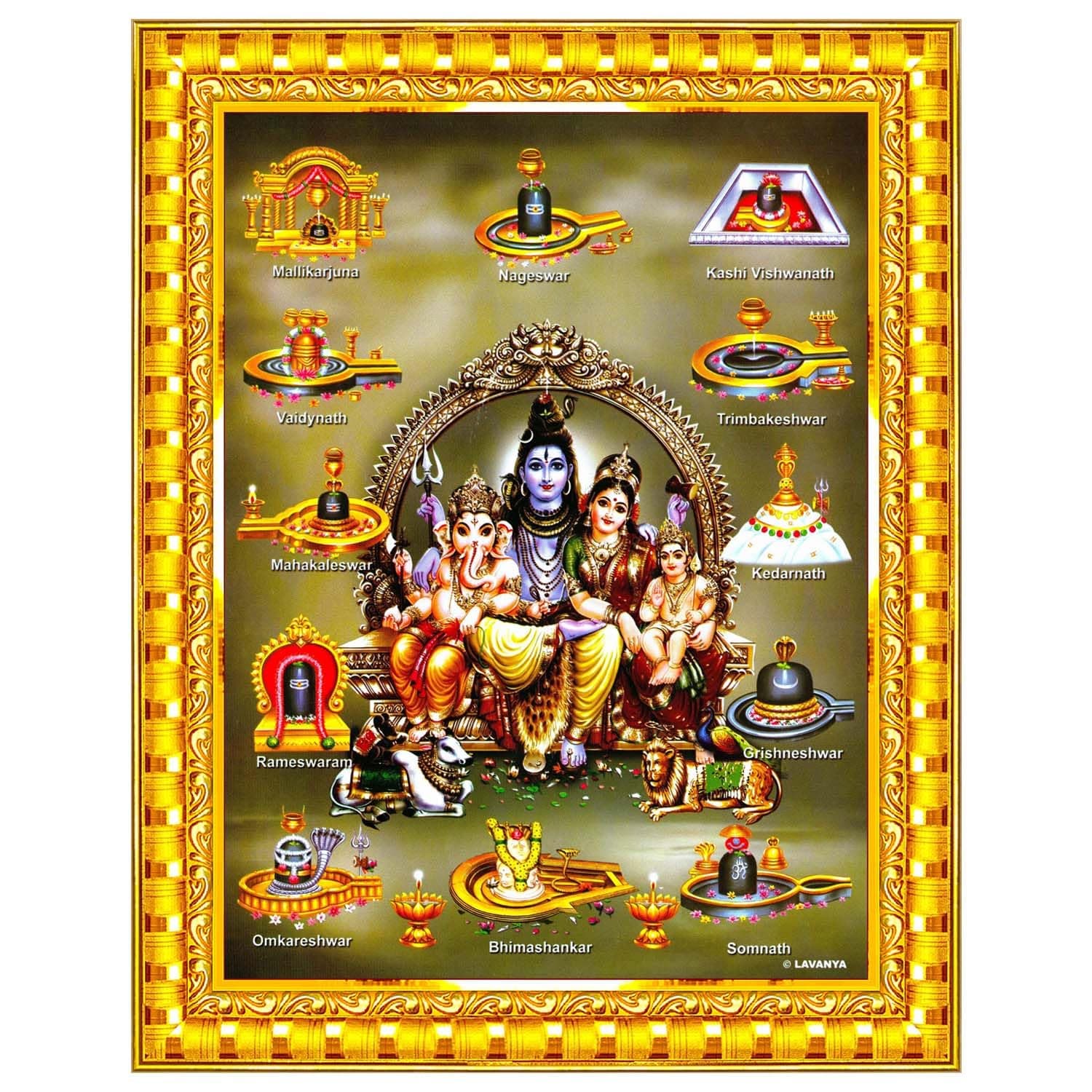 Shiv Parivar Family Siva Parvati Jyotirling Wall Painting Framed Home Decor (Wood,Matte,Gold,Big Size,10 x 12 Inch) R143M
