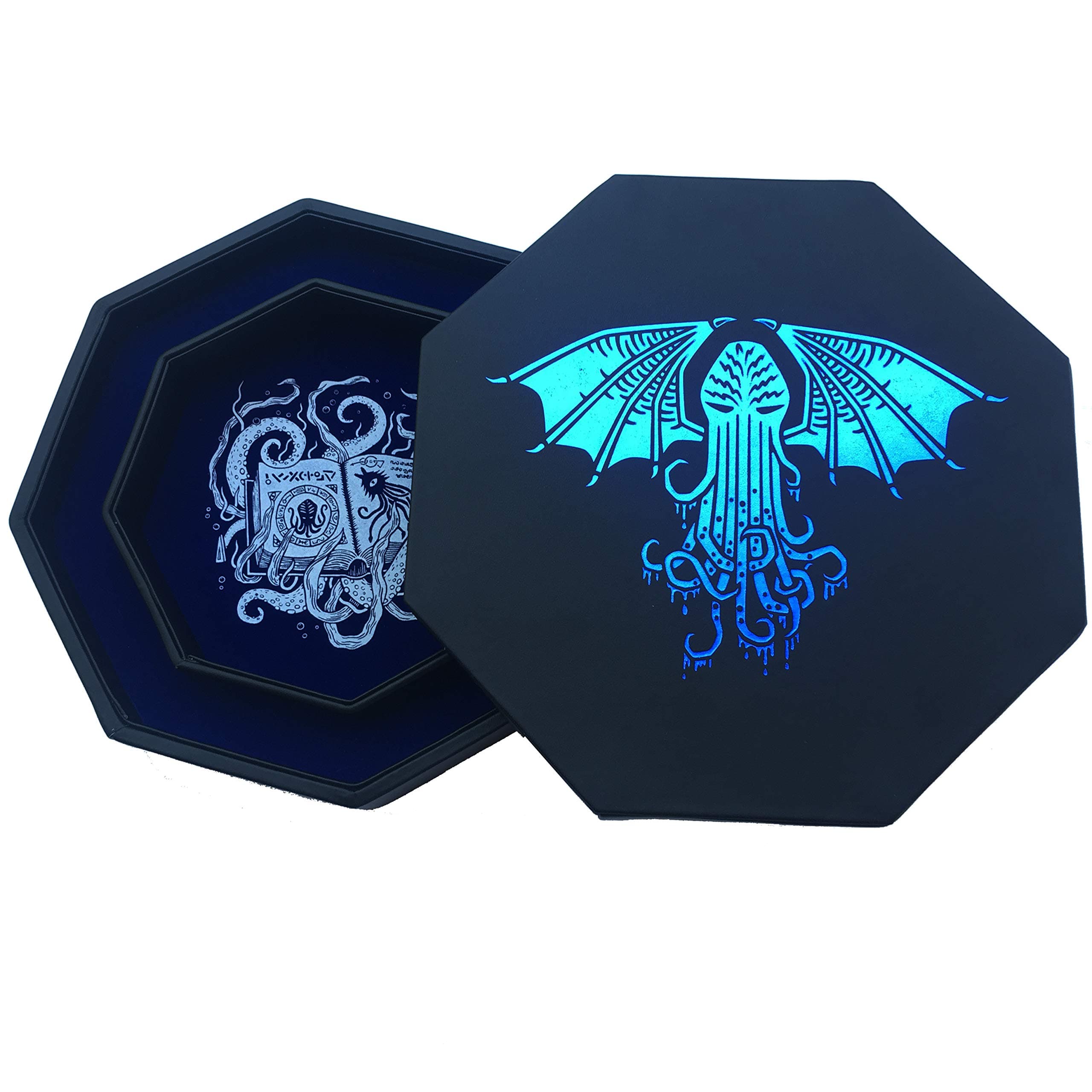 – Fantasydice-CTHULHU TOME-BLUE- Dice Tray 20CM Octagon with Lid and Dice Staging Area- Holds 5 Sets(7 Dice Set/Standard) for All Tabletop RPGs Like D&D, Call of Cthulhu, Shadowrun.