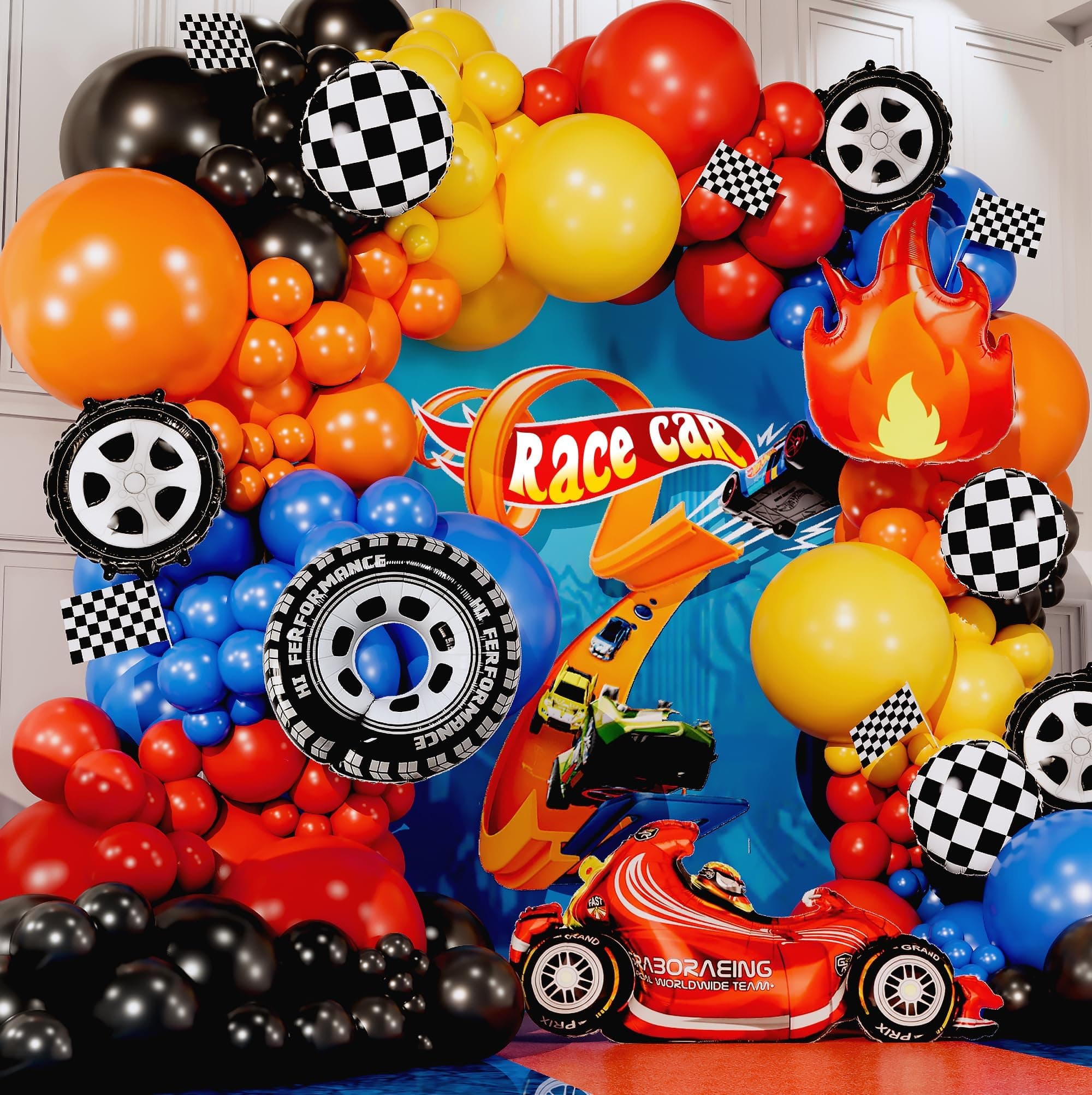 All-In-1 Race Car Balloon Arch Kit With Bonus Flame & For Hot Wheels Birthday Decorations - Monster Truck Balloons Party Balloons,