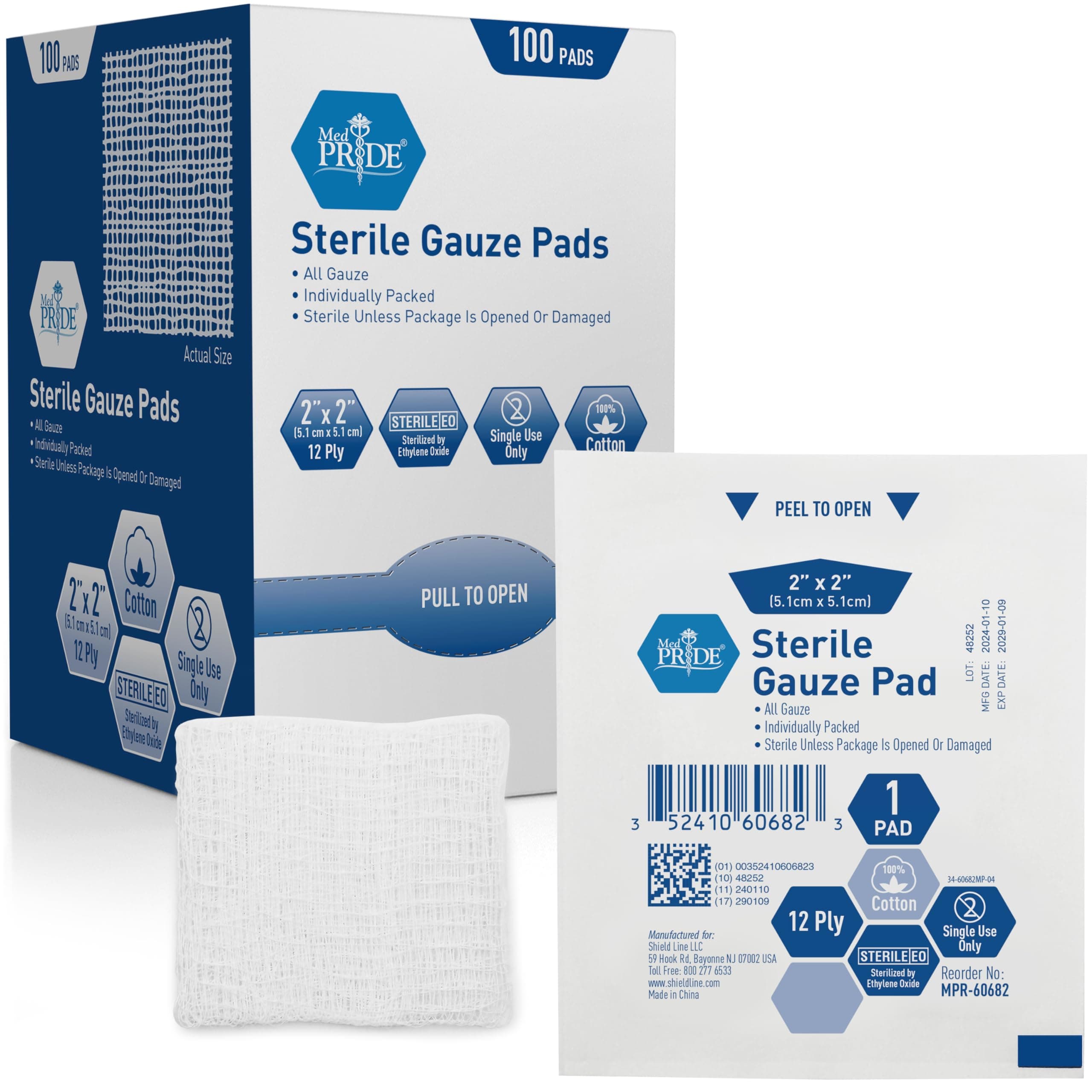 Sterile Nonstick Gauze Dressing Pads, 12-Ply Cotton, Highly Absorbent, Individually Wrapped for Wound Care and First Aid (2x2 Inch (Pack of 100))