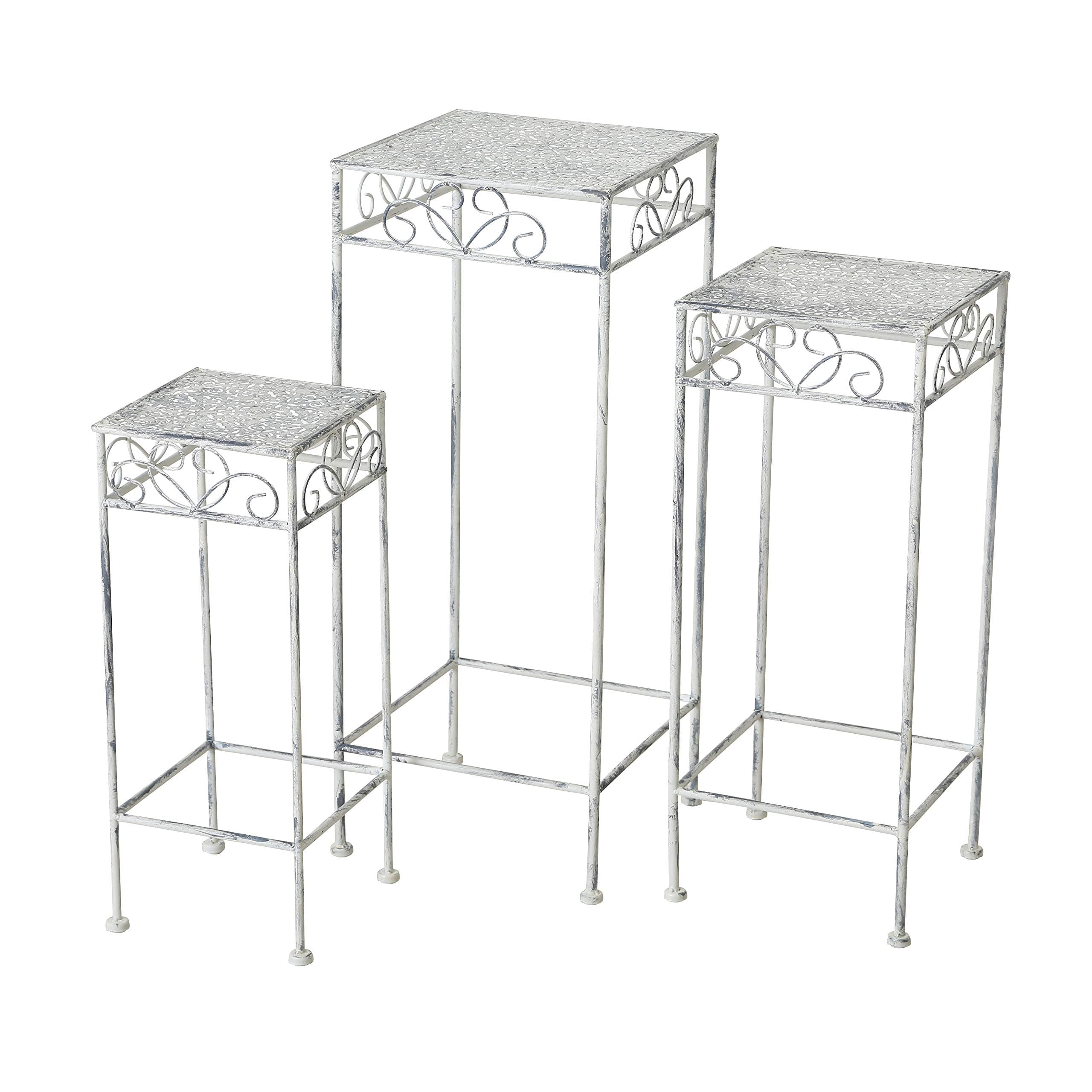 Farmers Favorite Plant Stand Square Tables, Set of 3, Shabby White Finish over Grey Iron, Knob Bottom Legs, Scrolled and Floral Details, Weather Resistant, 27, 23, 20 Inches Tall