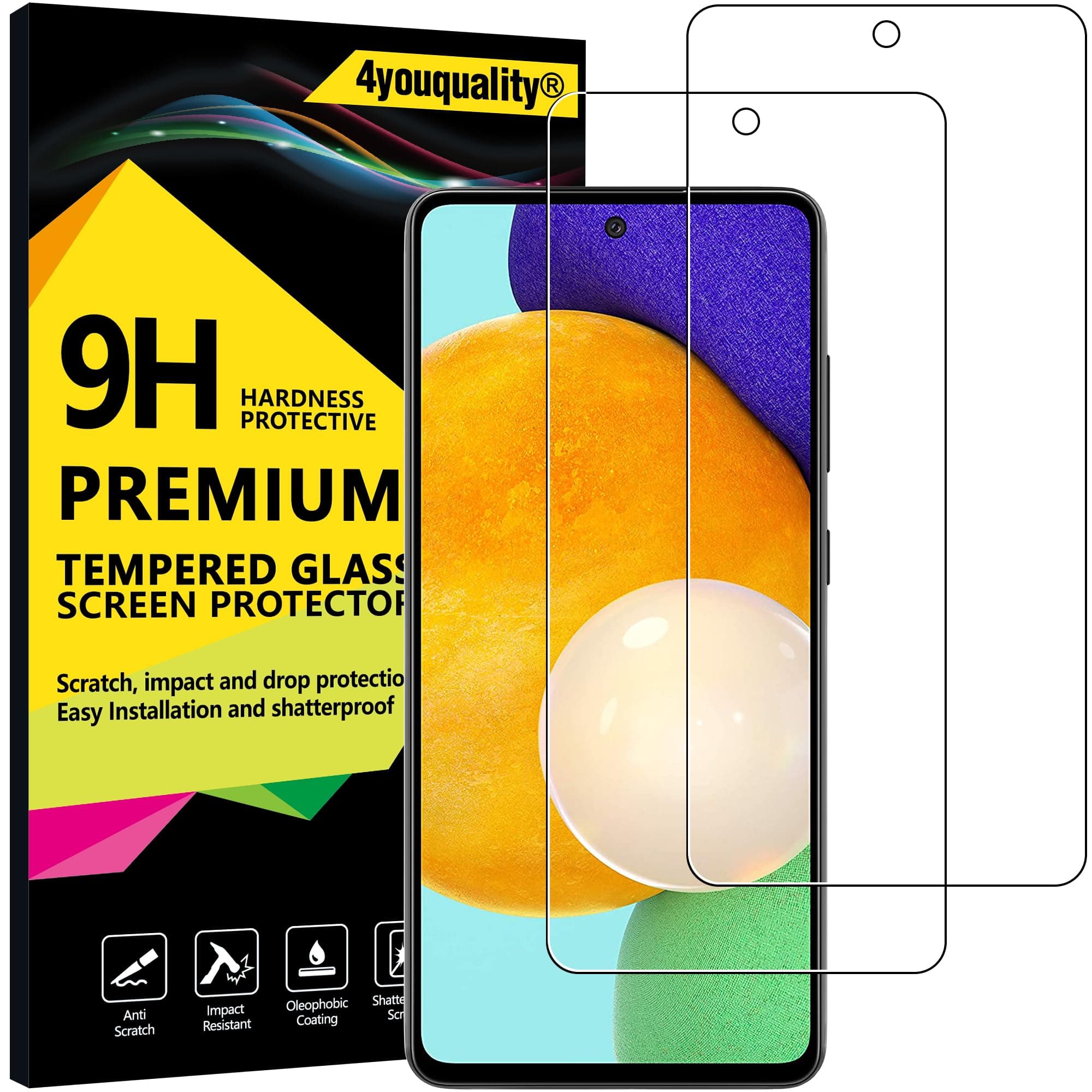 4youquality Screen Protector for Samsung Galaxy A53 5G, Galaxy A52 5G/4G & Galaxy A52s 5G, Tempered Glass Film, 2-Pack, [LifetimeSupport][Impact-Resistant][Anti-Scratch]