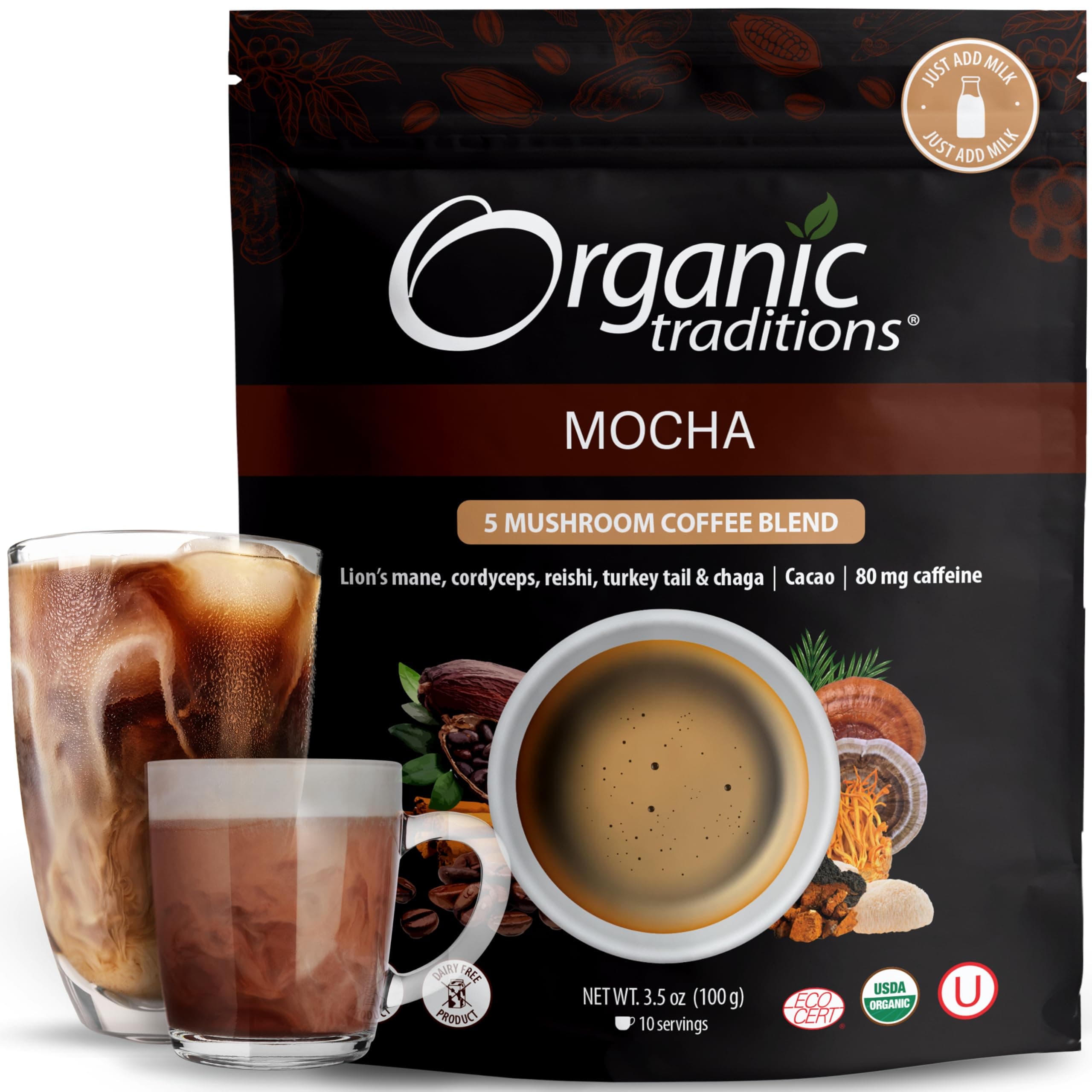 Organic Traditions Mocha Mushroom Coffee, Instant Coffee Blend with Cacao, Lion’s Mane, Chaga, Reishi, Cordyceps, Turkey Tail, Dairy Free Adaptogenic Superfoods to Support Energy and Focus, 200g / 7oz