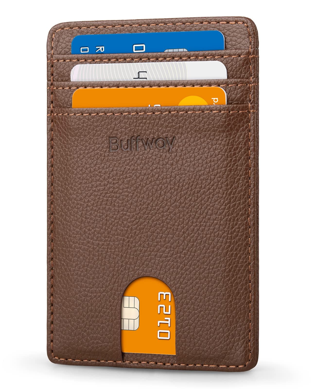 Buffway Mens Slim Wallet, Minimalist Thin Front Pocket Leather Credit Card Holder with RFID Blocking for Work Travel - Chicago Coffee