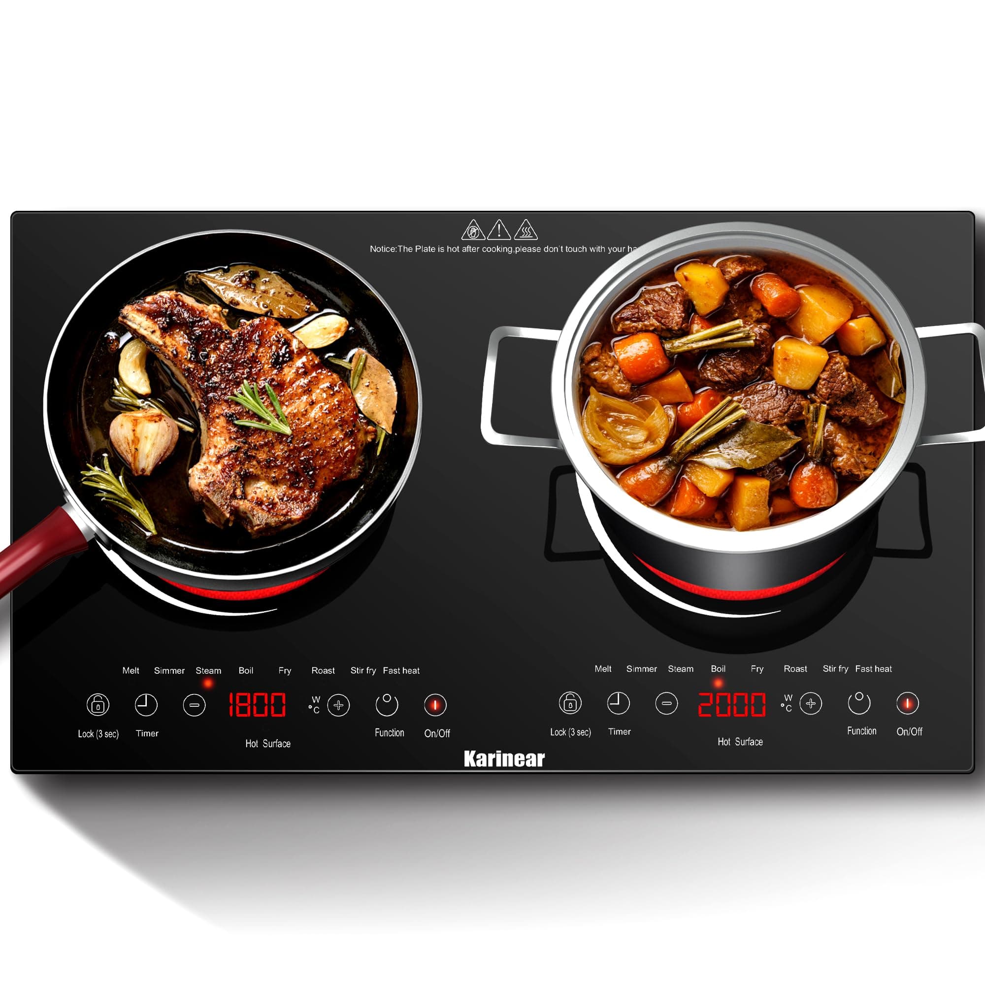 – Karinear Double Ceramic Hob, Desktop Plug in 2 Zone Electric Ceramic Hob with LED Display, 4-Hour Timer, 9 Power up to 2800W, Safety Lock