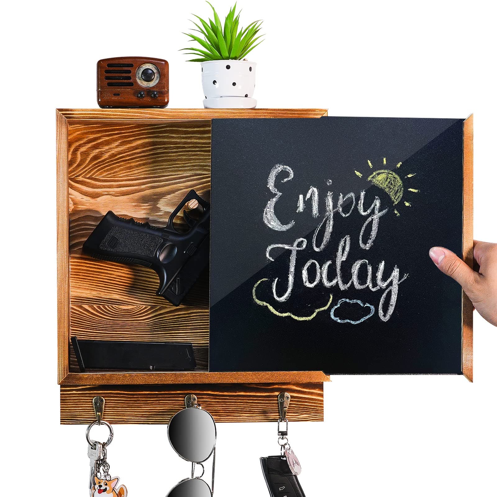 Hidden Gun Storage, Hidden Wall Gun Safe Pistol Rack Shelf with 3 Hooks for Secret Decor Concealment Furniture, Art Storage Cabinet Wooden Storage Shelves Indoor Picture Frame