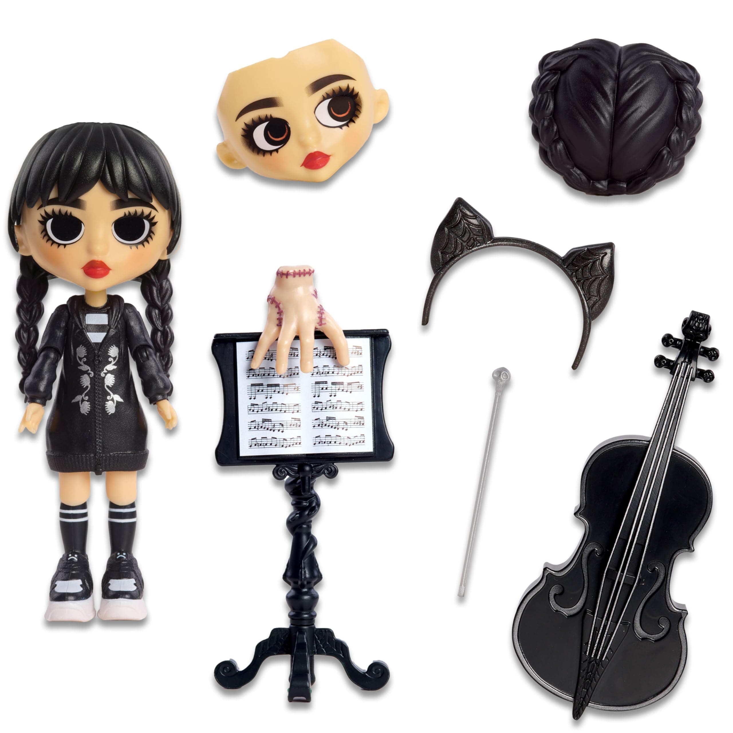 Just Play Wednesday Deluxe 6-inch Articulated Figure, 11-Pieces, Interchangeable Face Plates and Fashion, Customizable Collectible Figurine, Kids Toys for Ages 3 Up