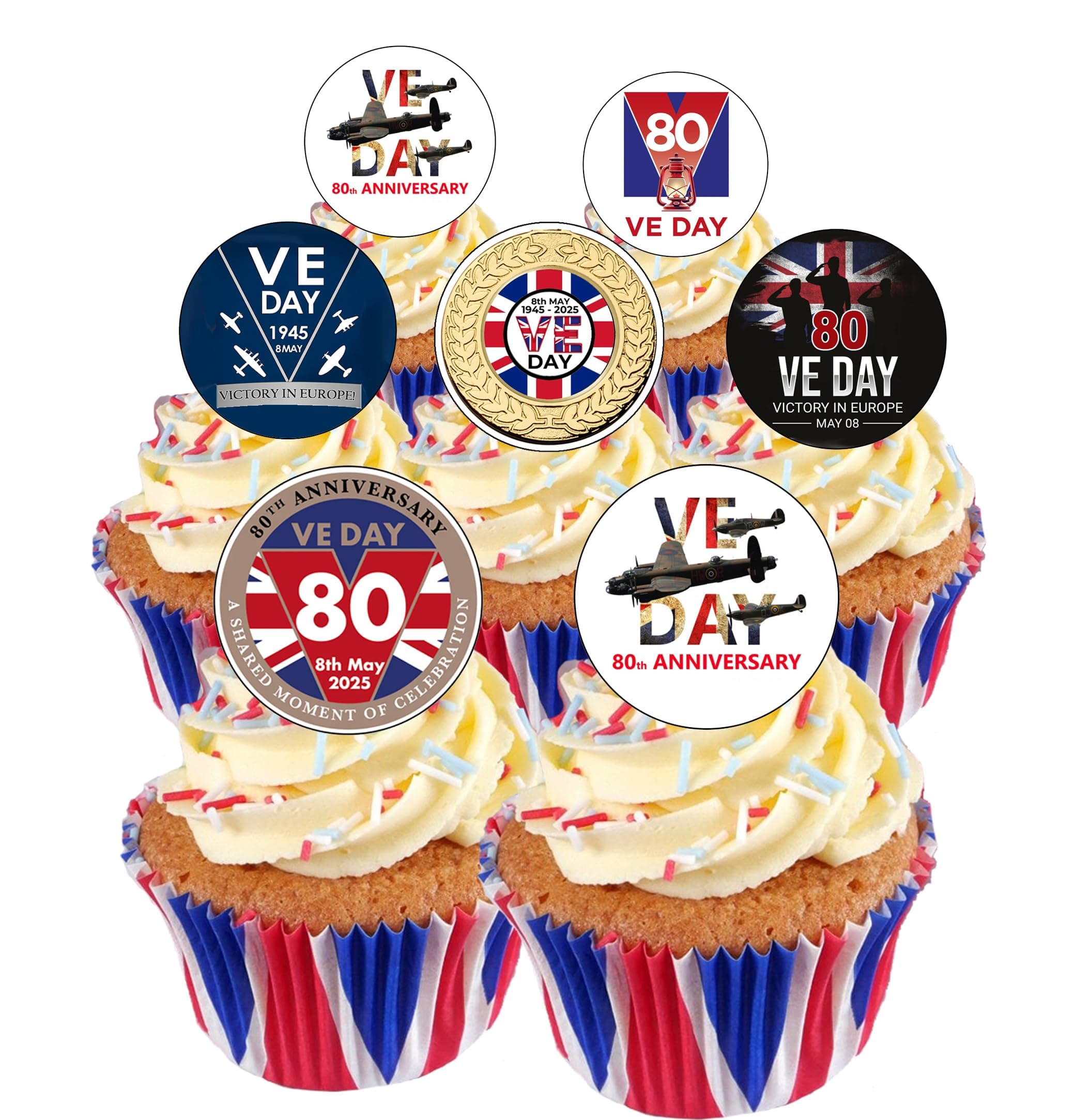 24 Pre Cut VE Day 80th ANNIVERSARY Victory Remembrance WW2 Edible Wafer Paper Round Cake Toppers Decorations - Perfect for street parties