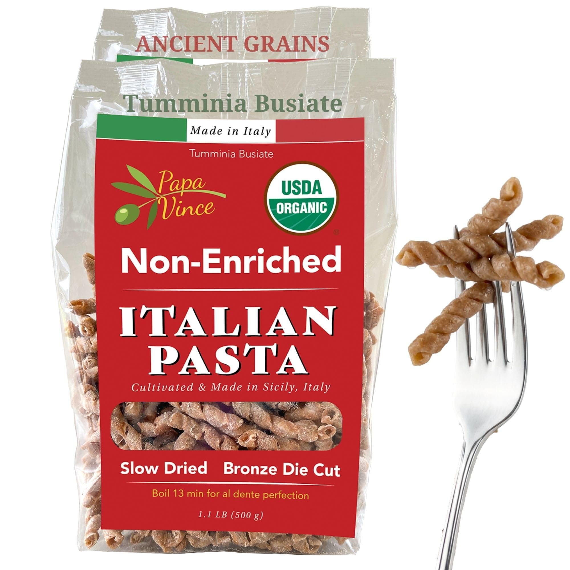 Papa Vince Diabetic Friendly Curly Pasta: Low GI Organic Whole Wheat Italian Pasta Made in Italy from Ancient Heirloom Grain. High Fiber, Slow Carb, Slow Dried, Bronze Cut, Non Enriched, Artisan
