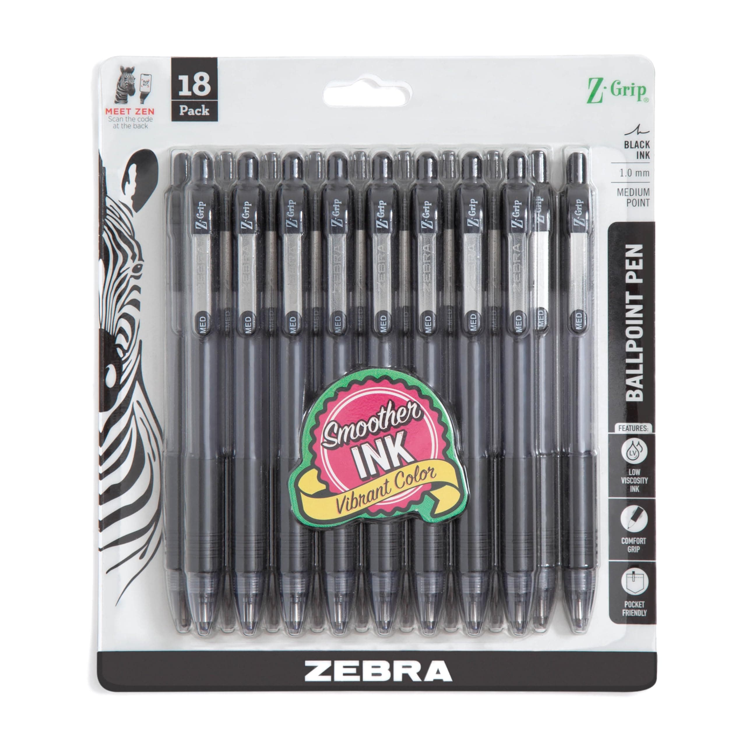Zebra Pen Z-Grip Retractable Ballpoint Pen, Smooth-Flowing Black Ink, 1.0mm Medium Point, School & Office Supplies, Ideal for Note-Taking, Journal and Planner Use, 18-Pack (22218)